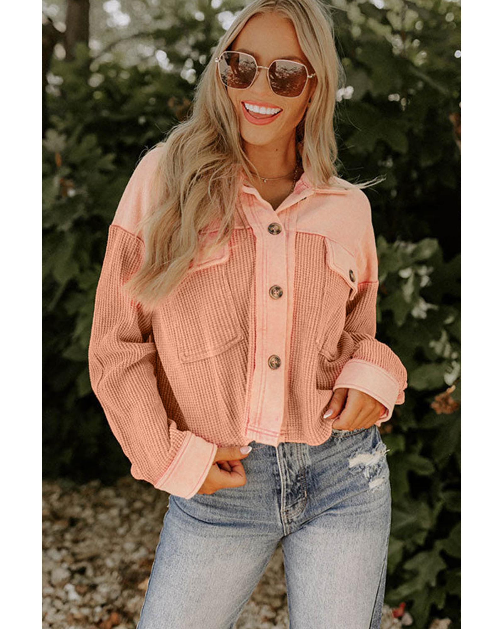 Orange Textured Waffle Knit Chest Pockets Cropped Shacket - M
