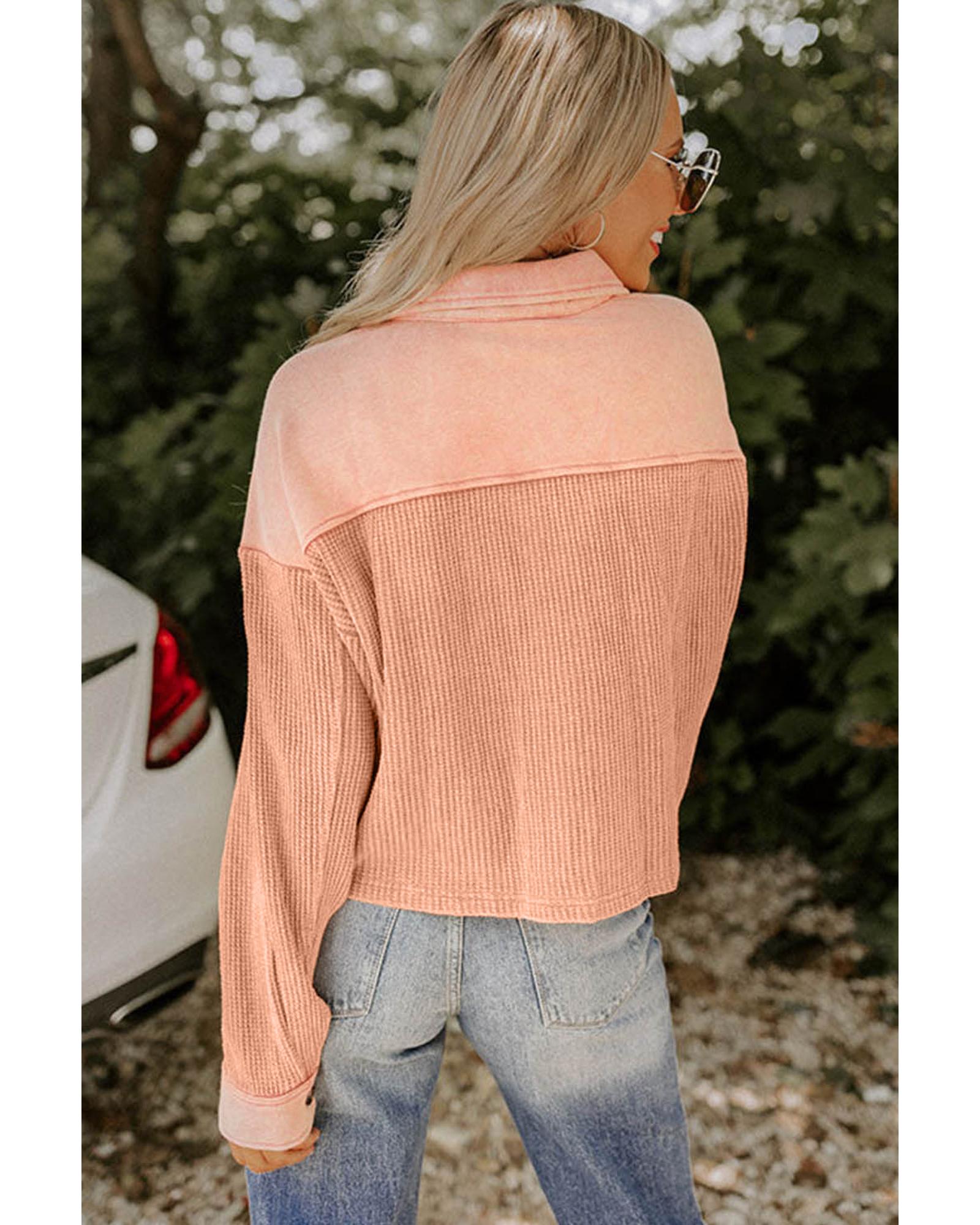 Orange Textured Waffle Knit Chest Pockets Cropped Shacket - M