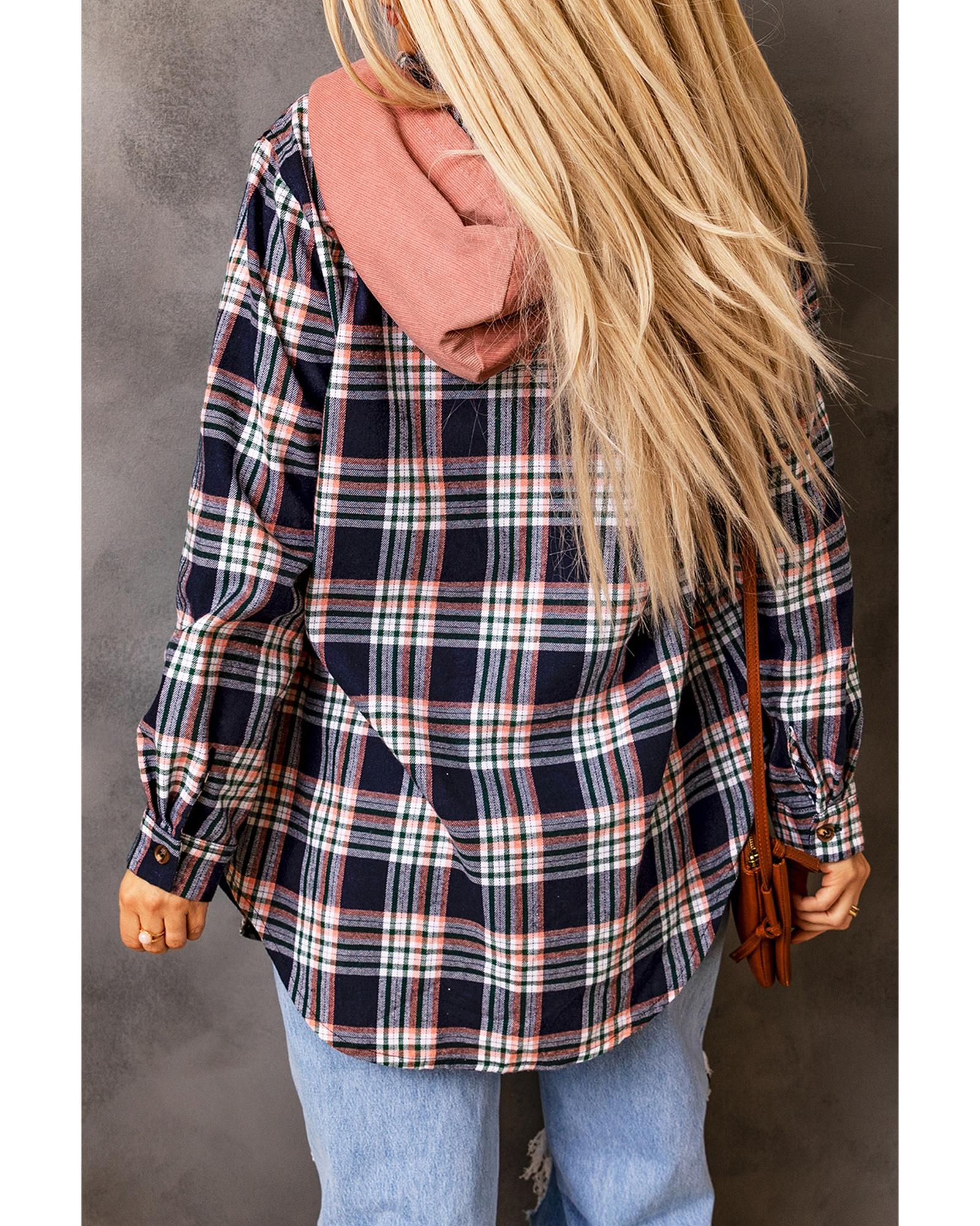 Pink Contrast Hooded Drawstring Plaid Shacket - M