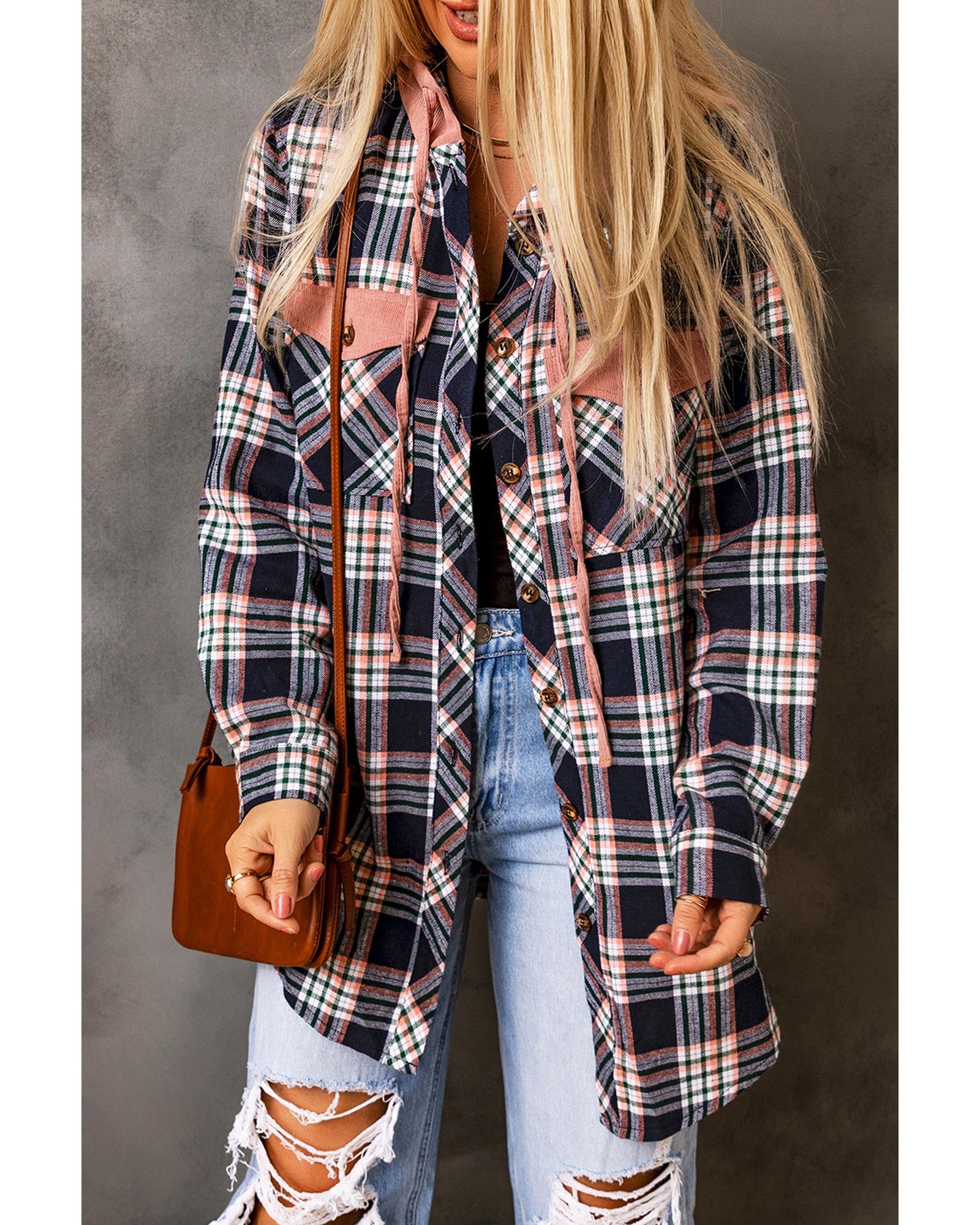 Pink Contrast Hooded Drawstring Plaid Shacket - S