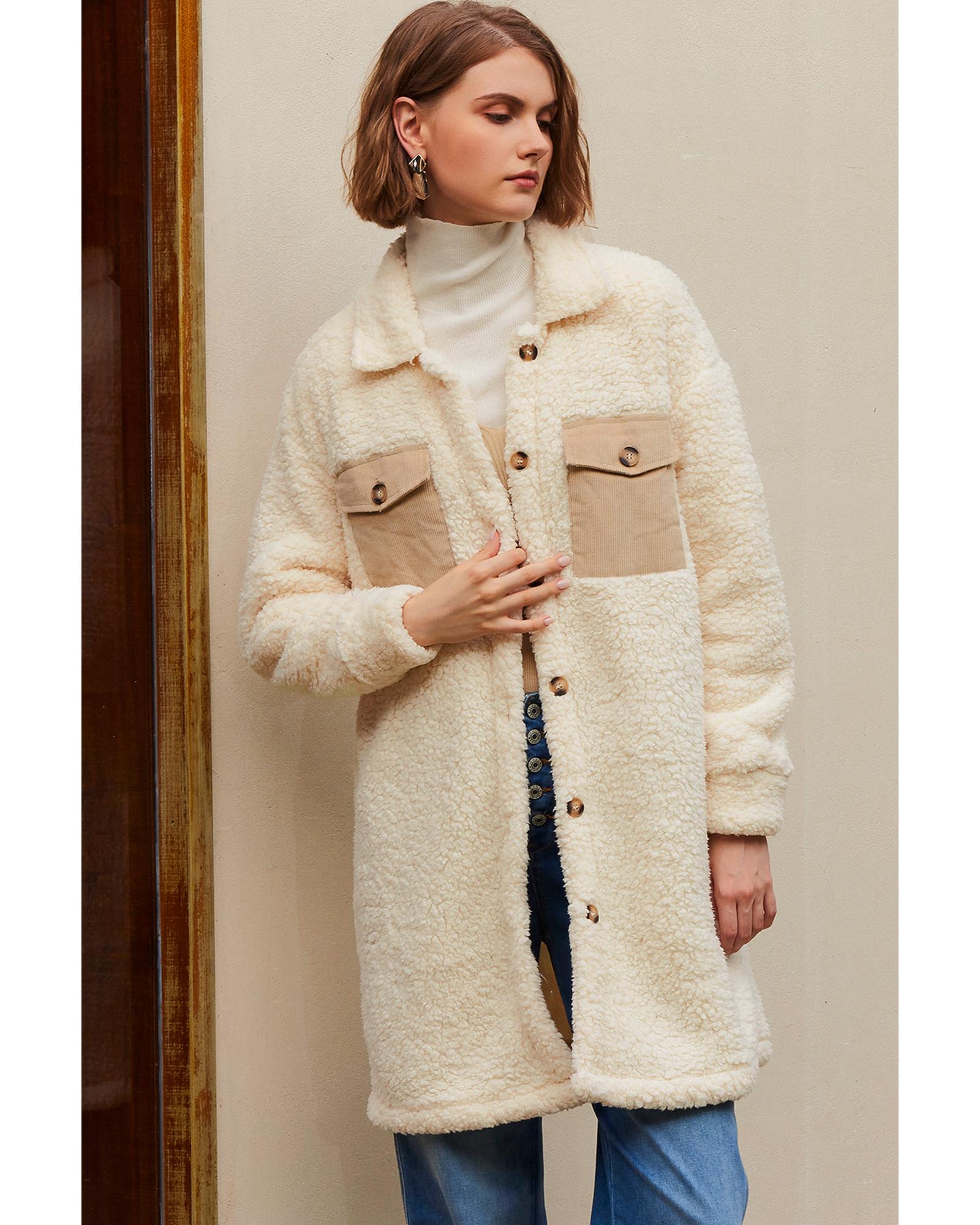 Beige Contrast Flap Pocket Single Breasted Teddy Coat - L 3