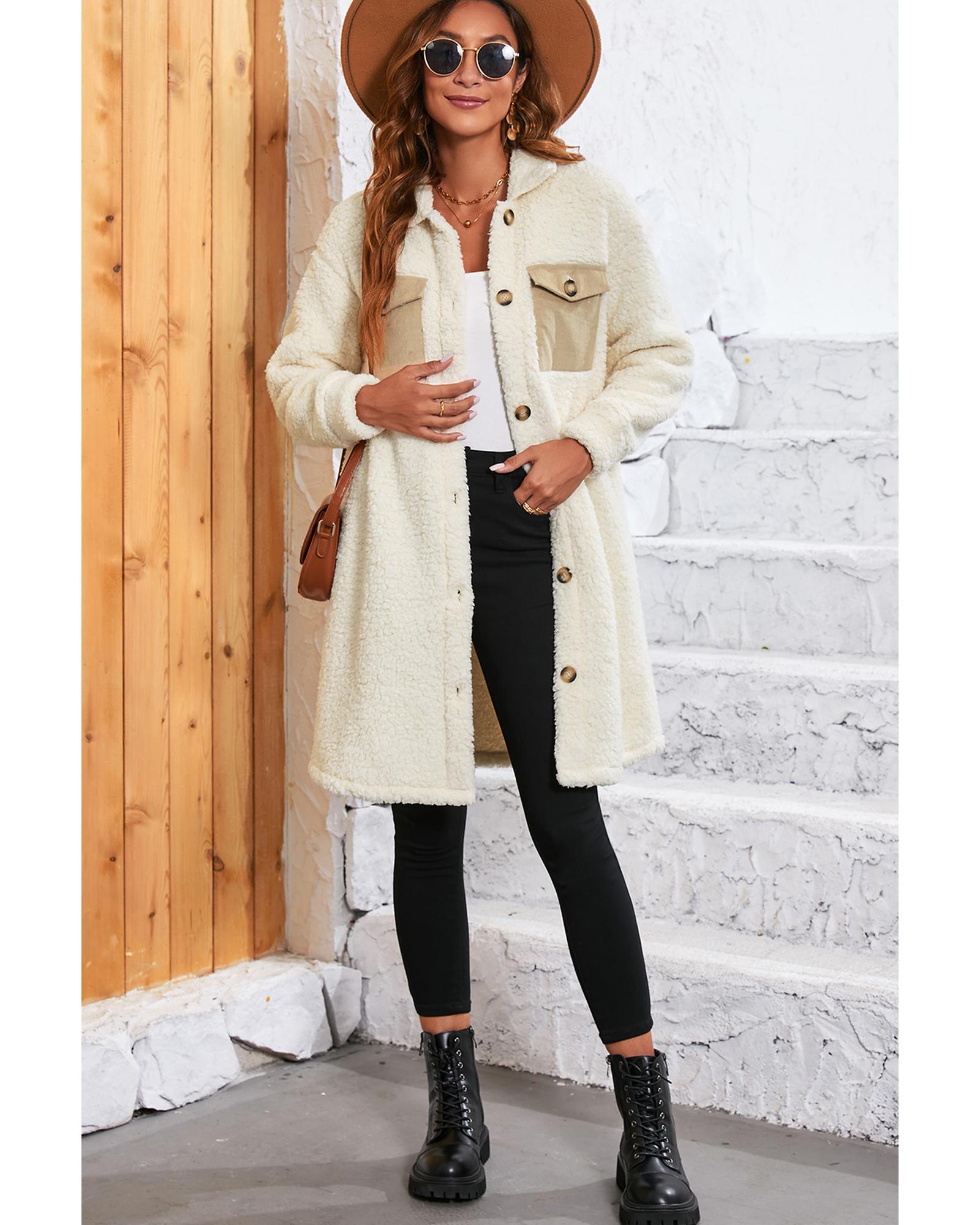 Beige Contrast Flap Pocket Single Breasted Teddy Coat - L 5