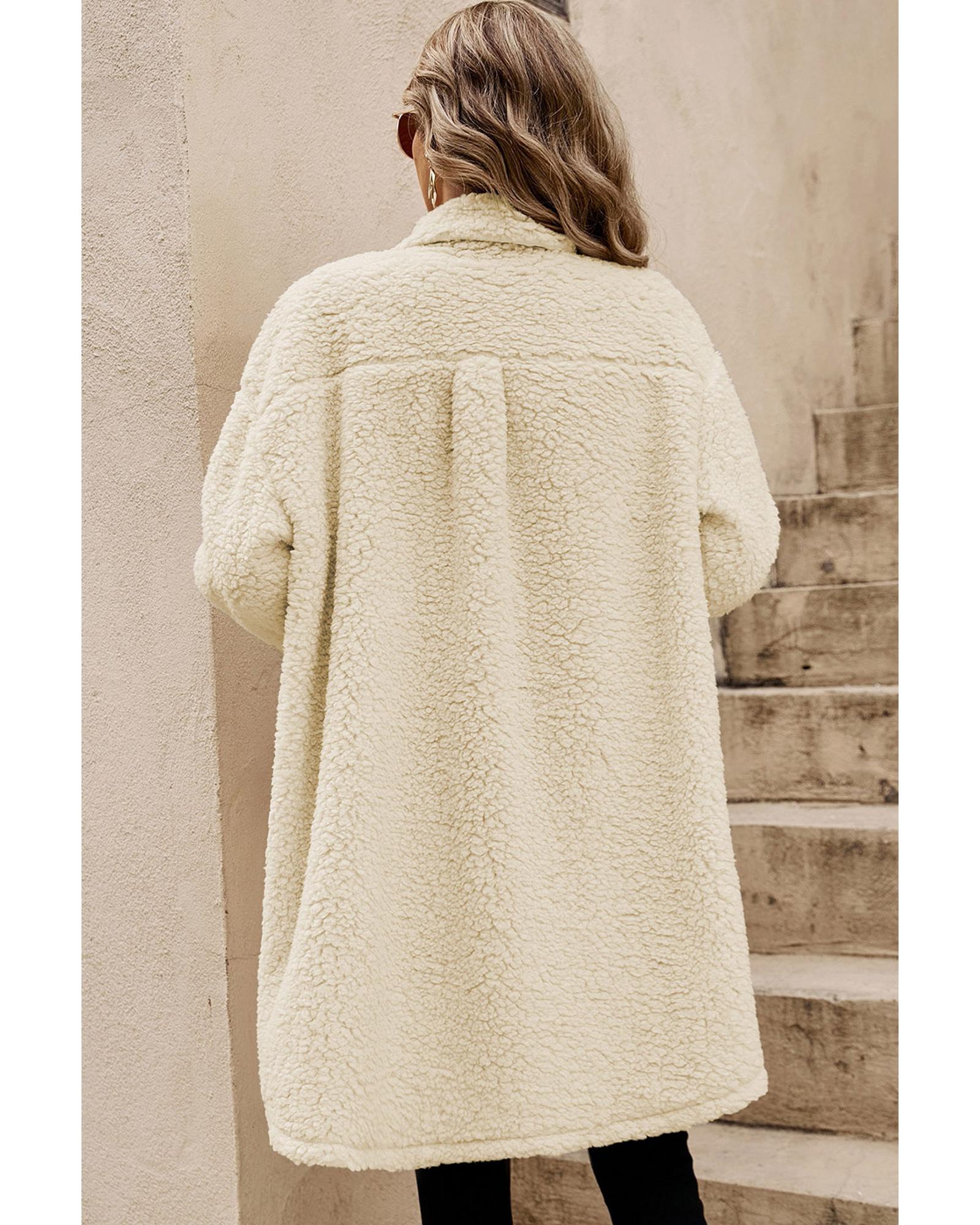 Beige Contrast Flap Pocket Single Breasted Teddy Coat - L 6