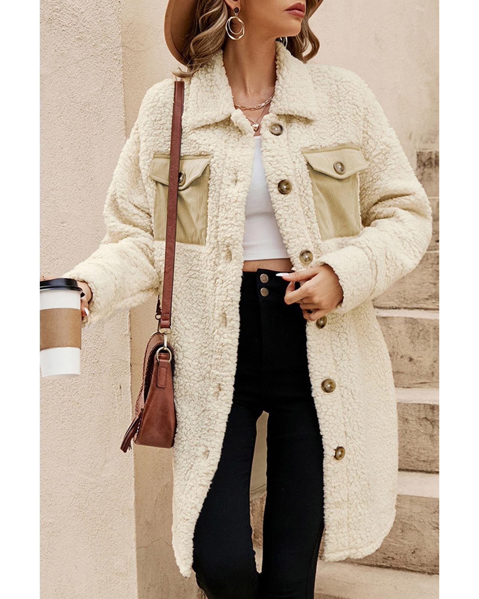Beige Contrast Flap Pocket Single Breasted Teddy Coat - L 7