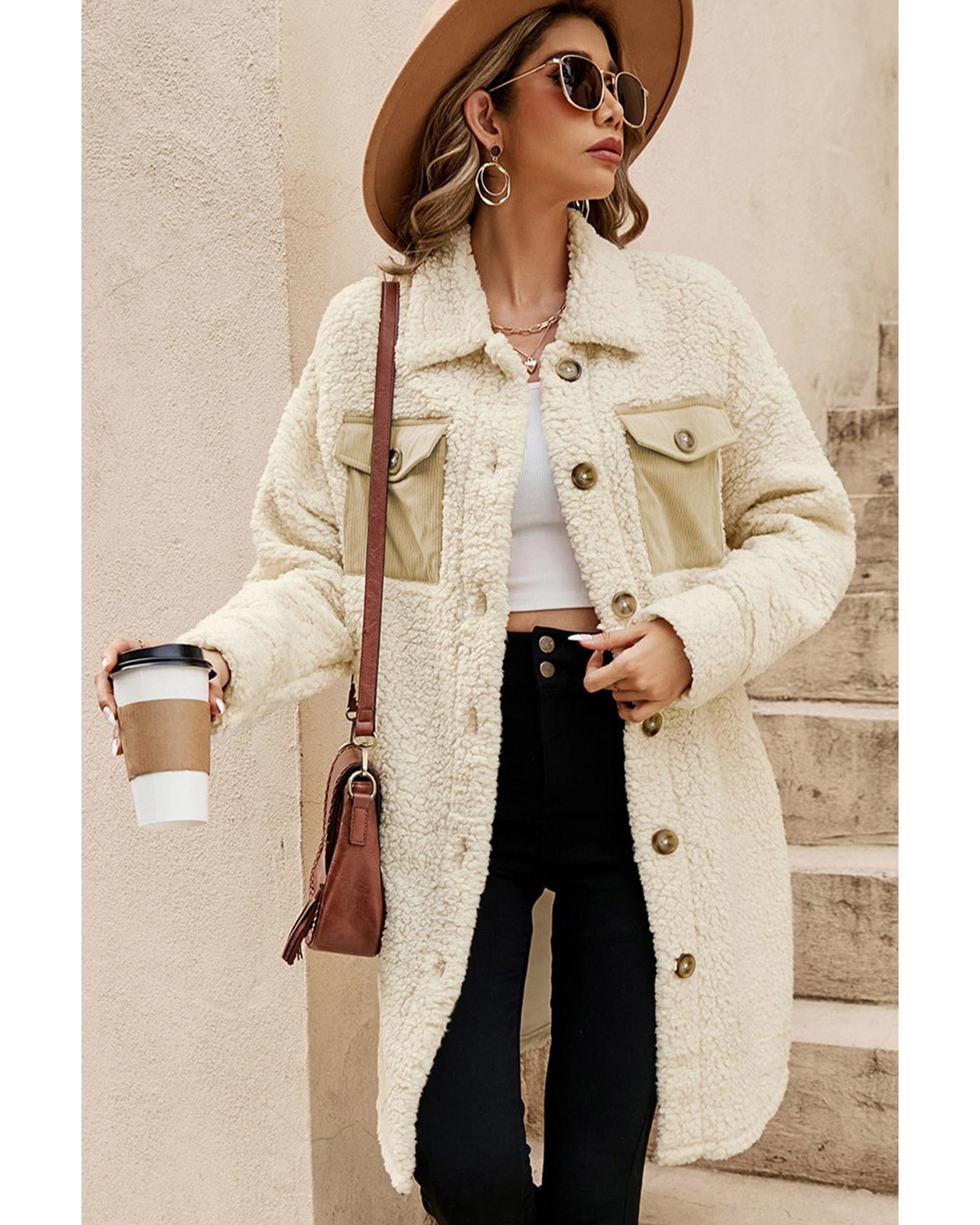 Beige Contrast Flap Pocket Single Breasted Teddy Coat - XL 3