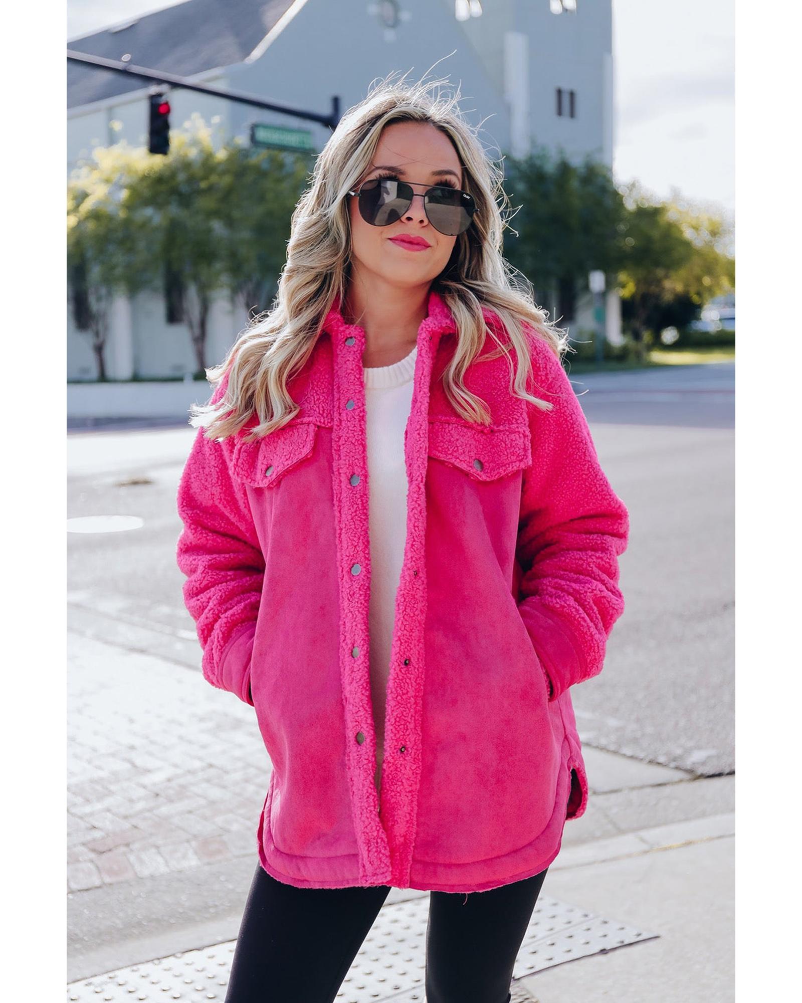Dark Pink Faux Suede Sherpa Patchwork Button-up Shacket - M