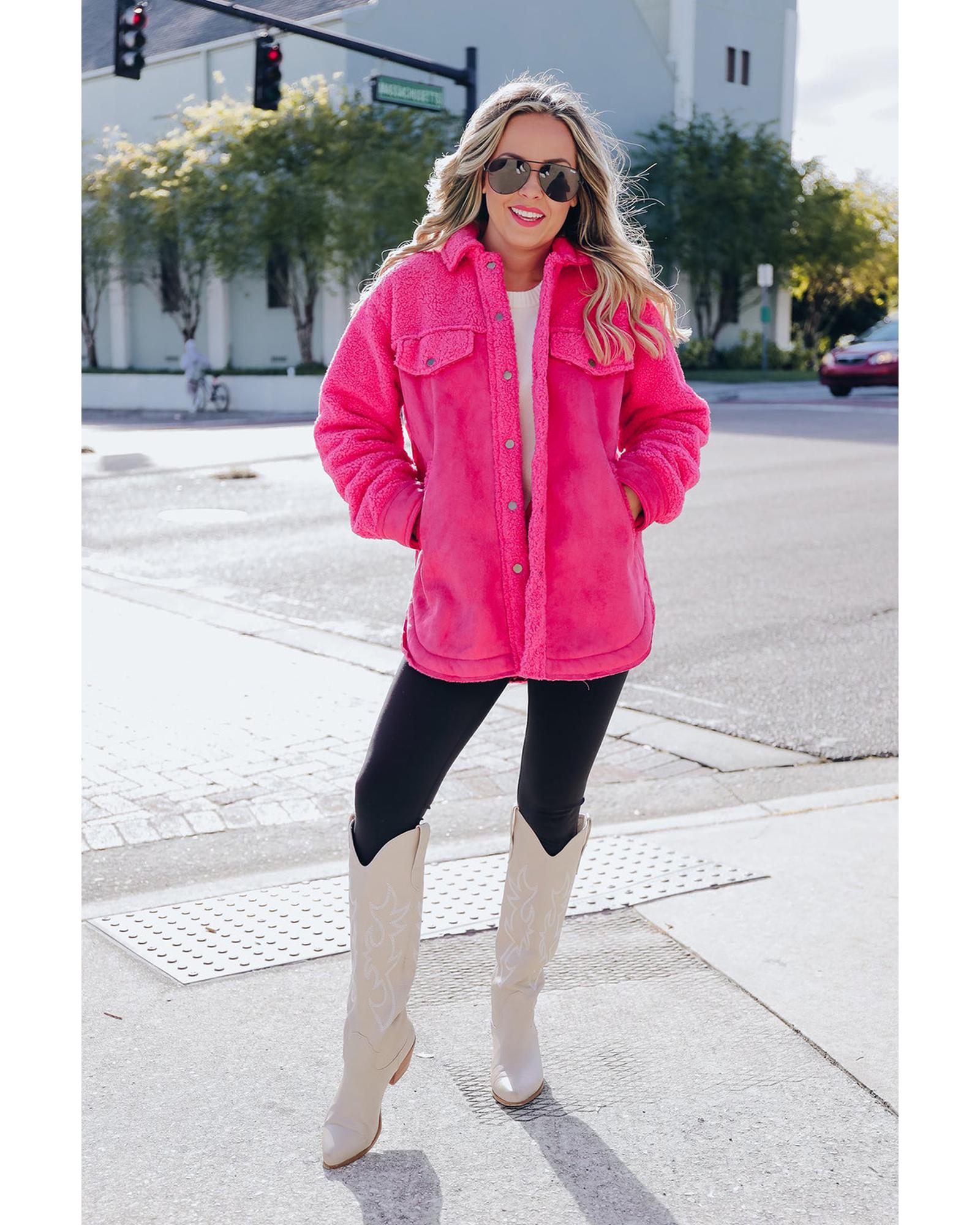 Dark Pink Faux Suede Sherpa Patchwork Button-up Shacket - M 3