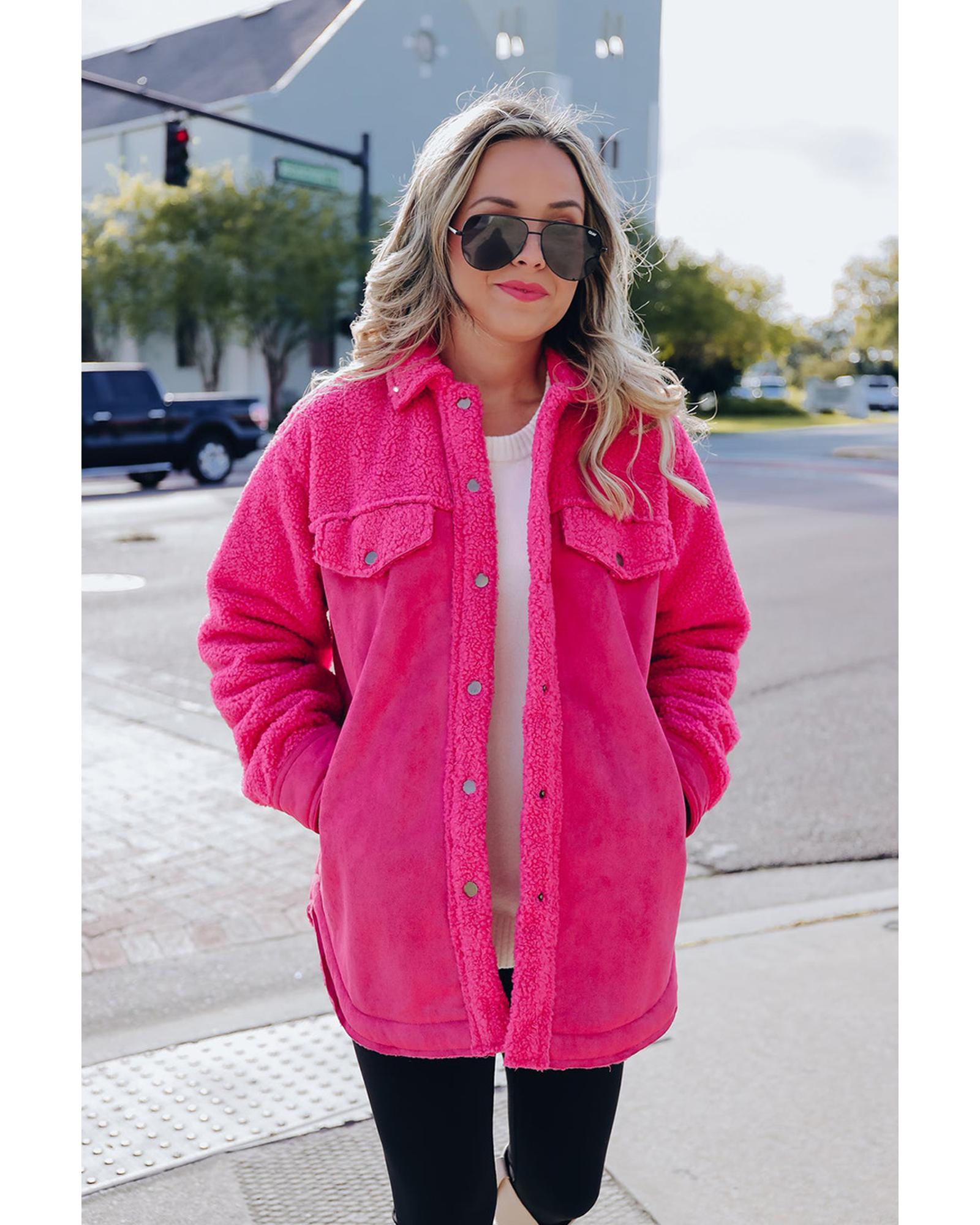 Dark Pink Faux Suede Sherpa Patchwork Button-up Shacket - M 4