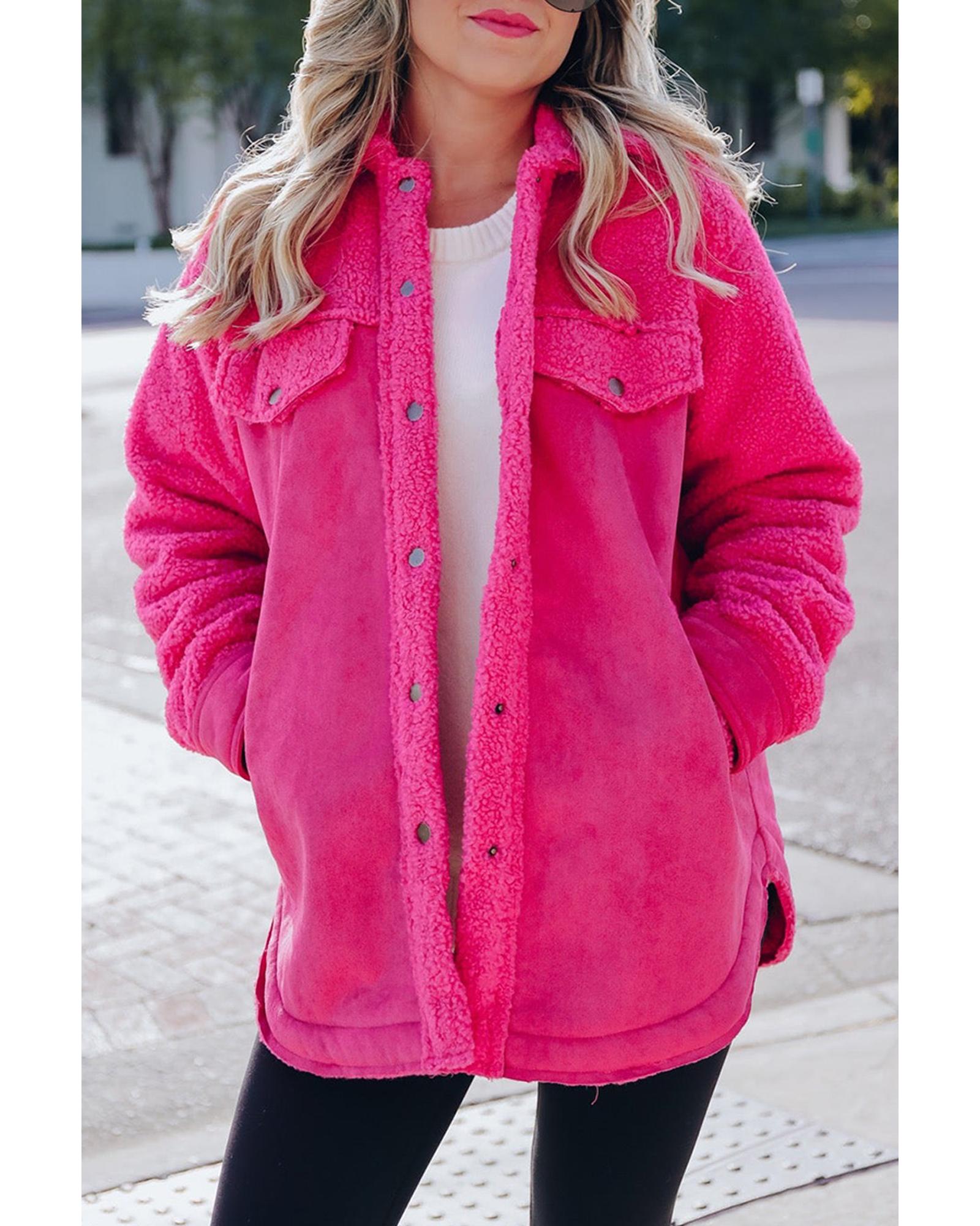 Dark Pink Faux Suede Sherpa Patchwork Button-up Shacket - M 5