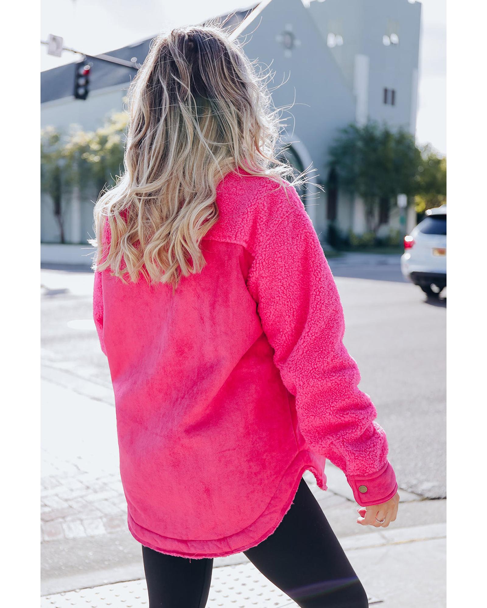 Dark Pink Faux Suede Sherpa Patchwork Button-up Shacket - M 6