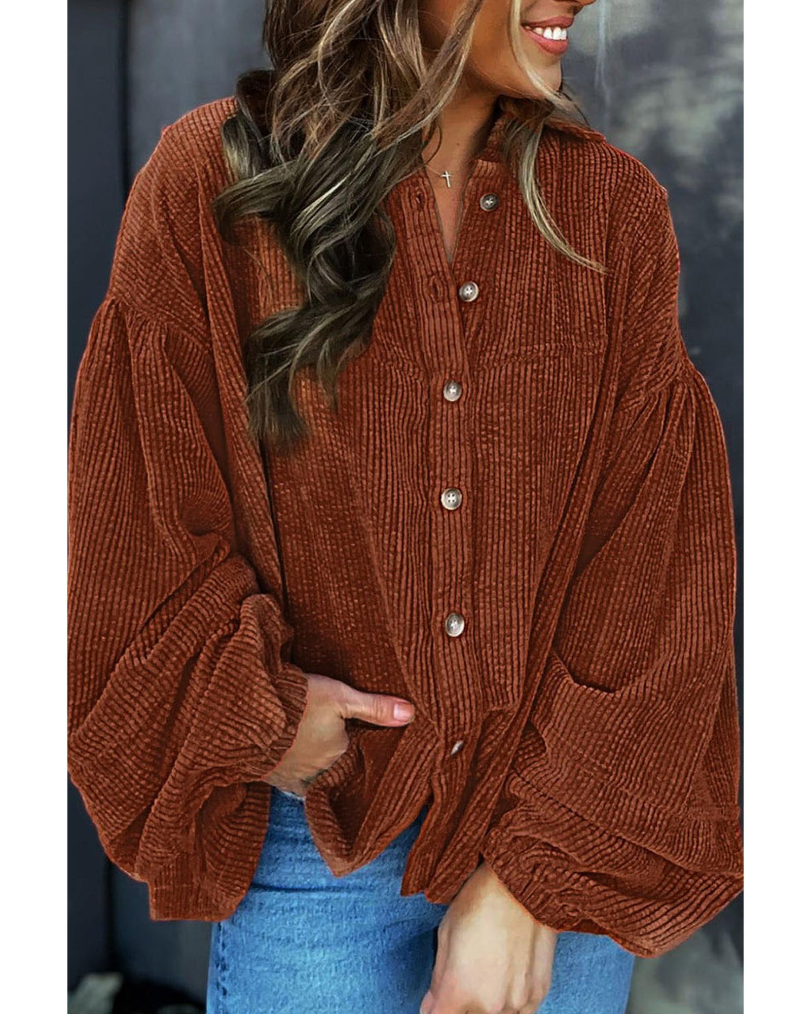 Coffee Textured Corduroy Puff Sleeve Shacket - S
