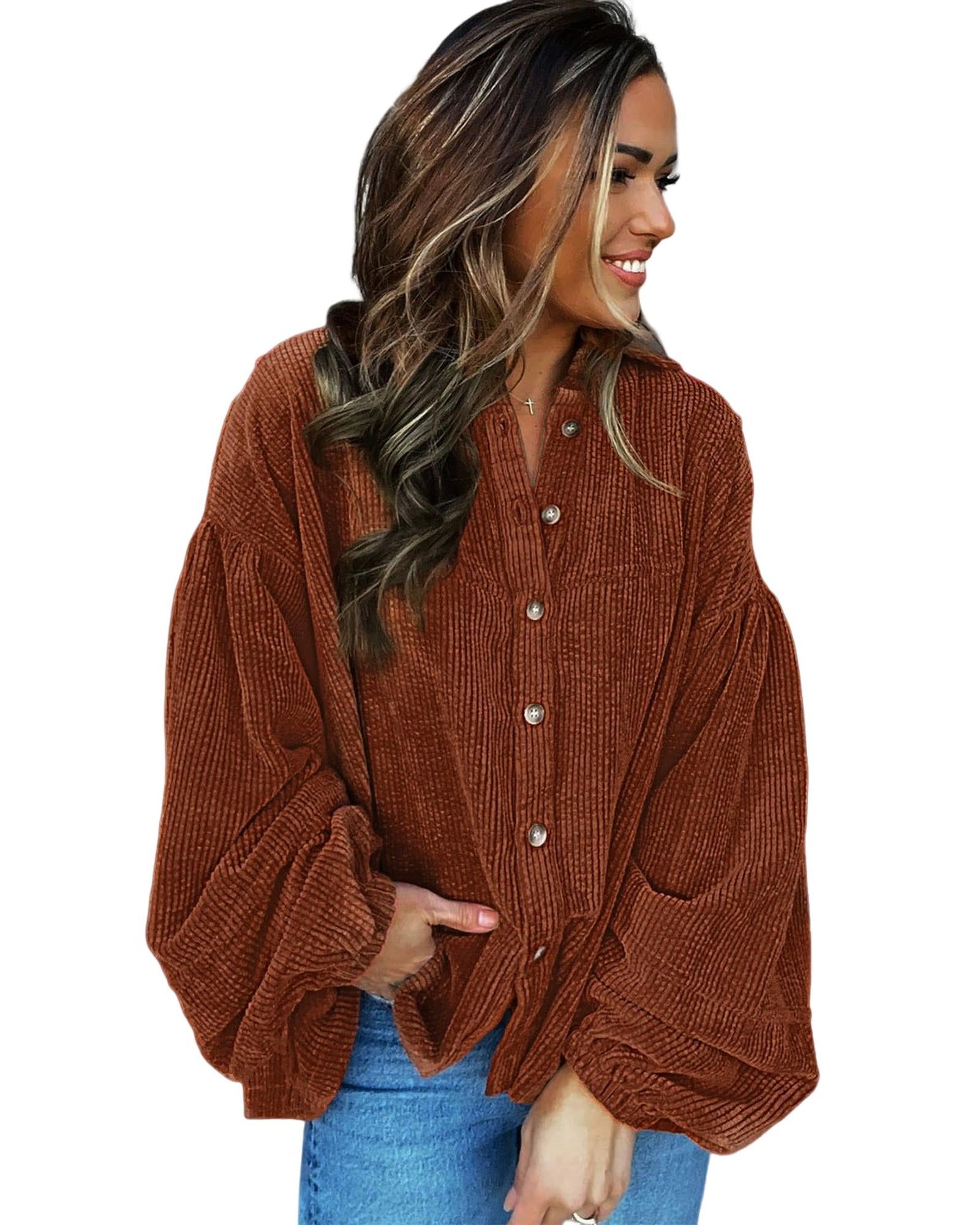 Coffee Textured Corduroy Puff Sleeve Shacket - S 5