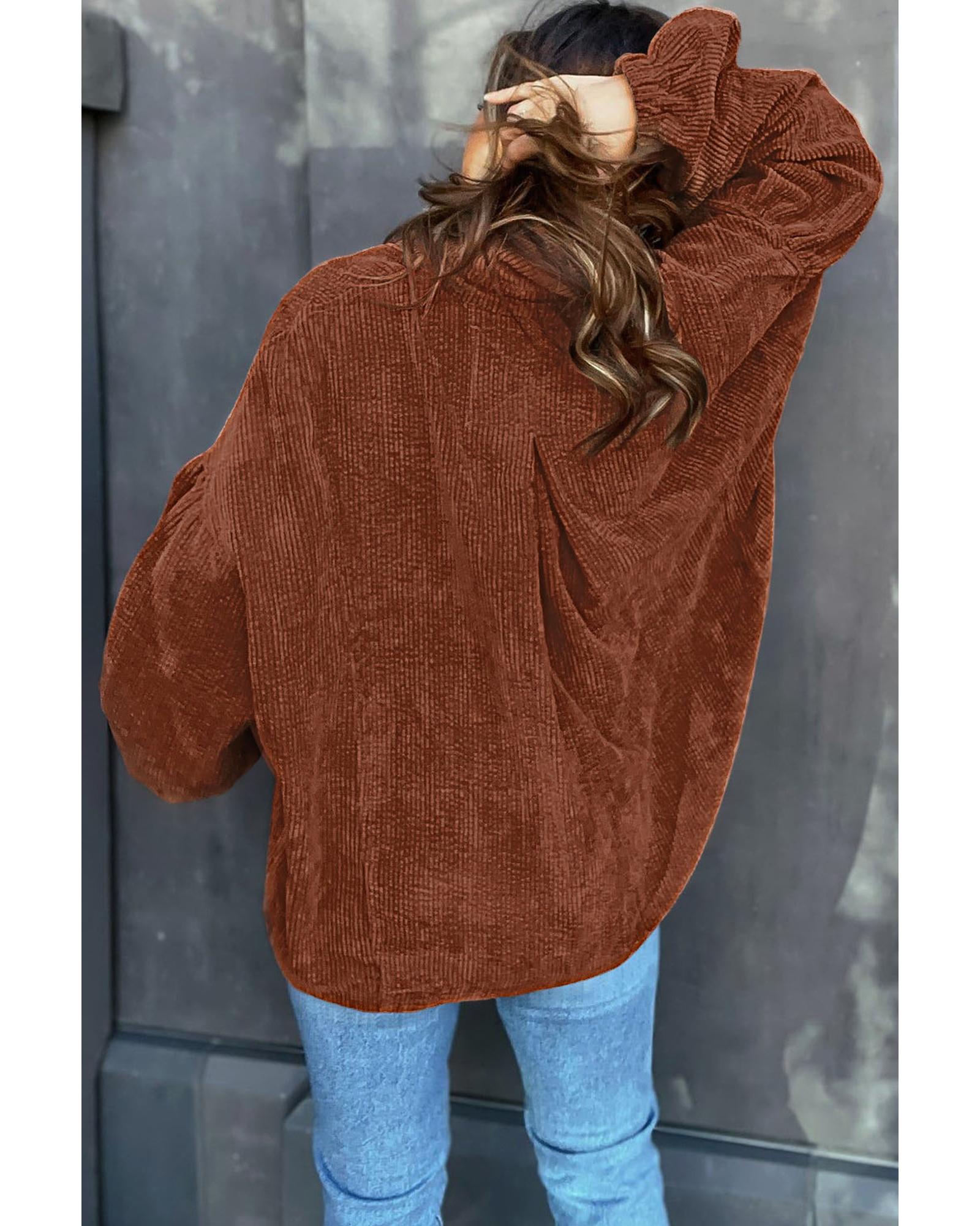 Coffee Textured Corduroy Puff Sleeve Shacket - S 6