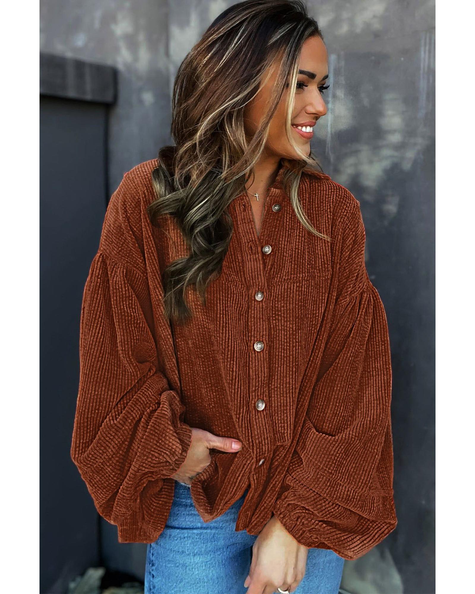 Coffee Textured Corduroy Puff Sleeve Shacket - S 7