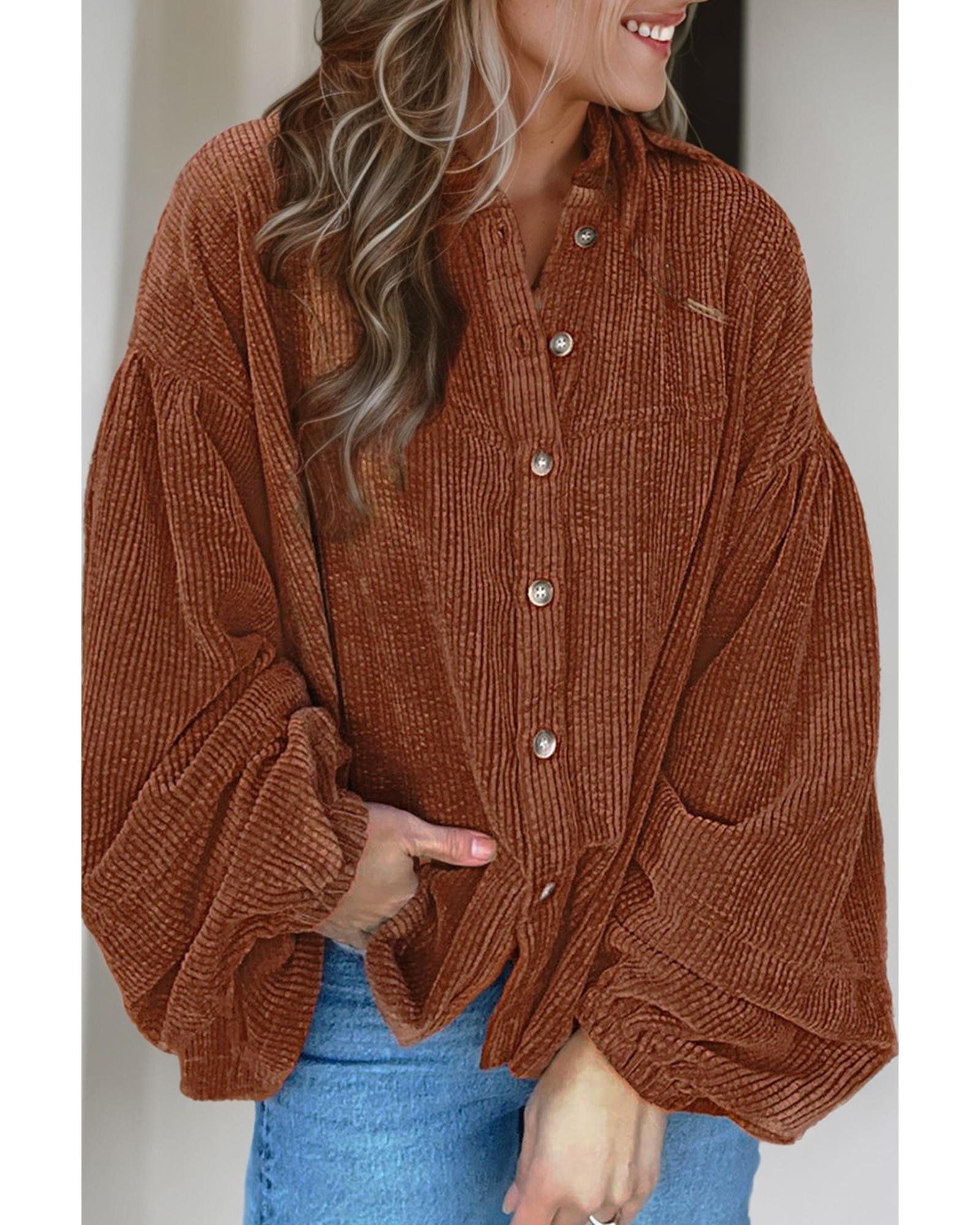 Coffee Textured Corduroy Puff Sleeve Shacket - S 8