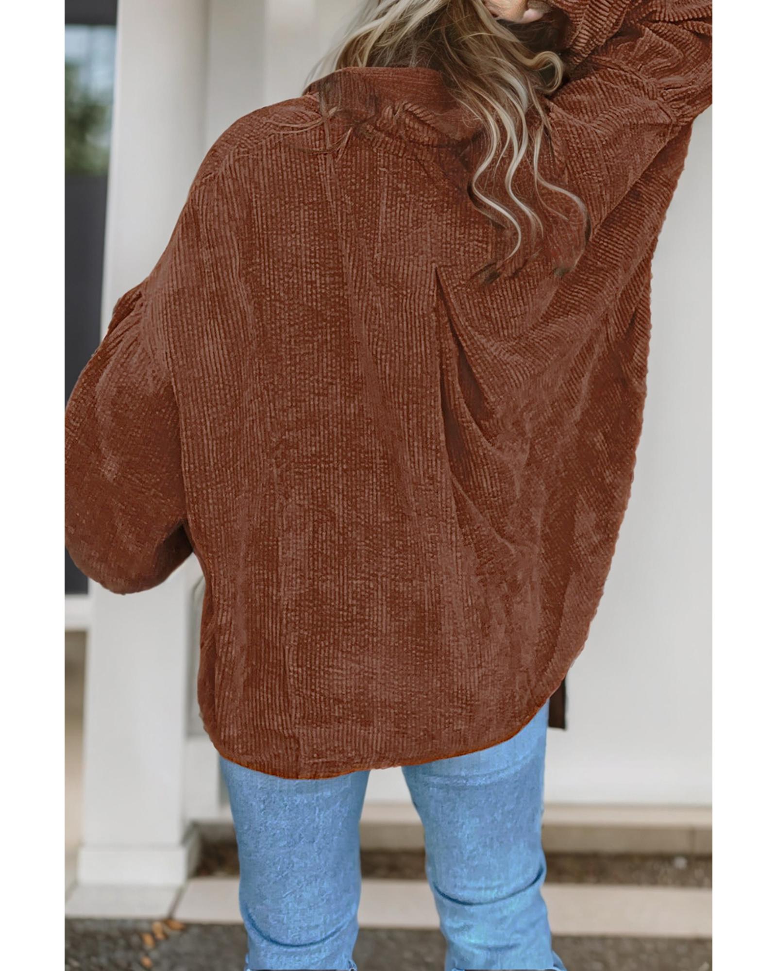 Coffee Textured Corduroy Puff Sleeve Shacket - XL