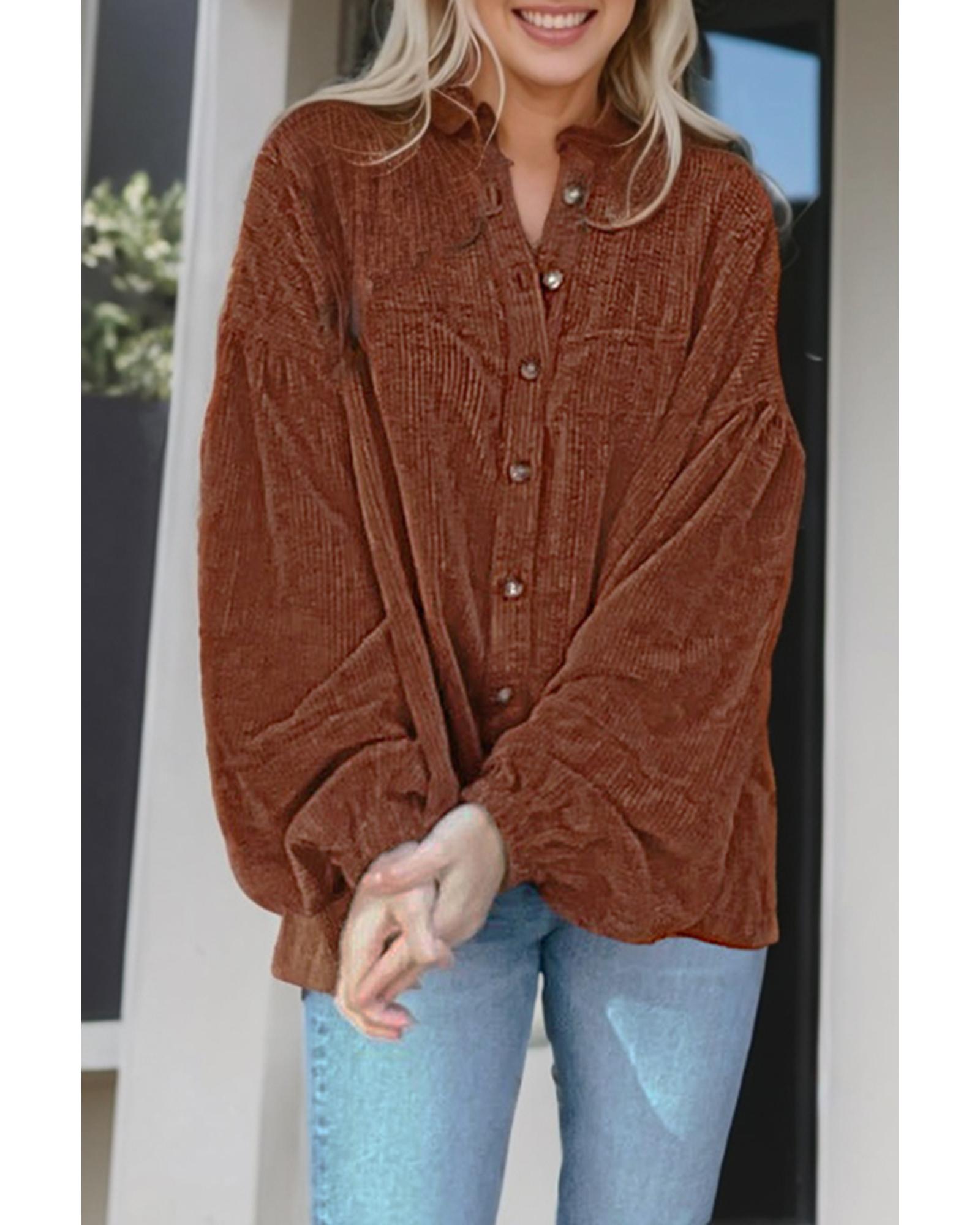 Coffee Textured Corduroy Puff Sleeve Shacket - XL 3