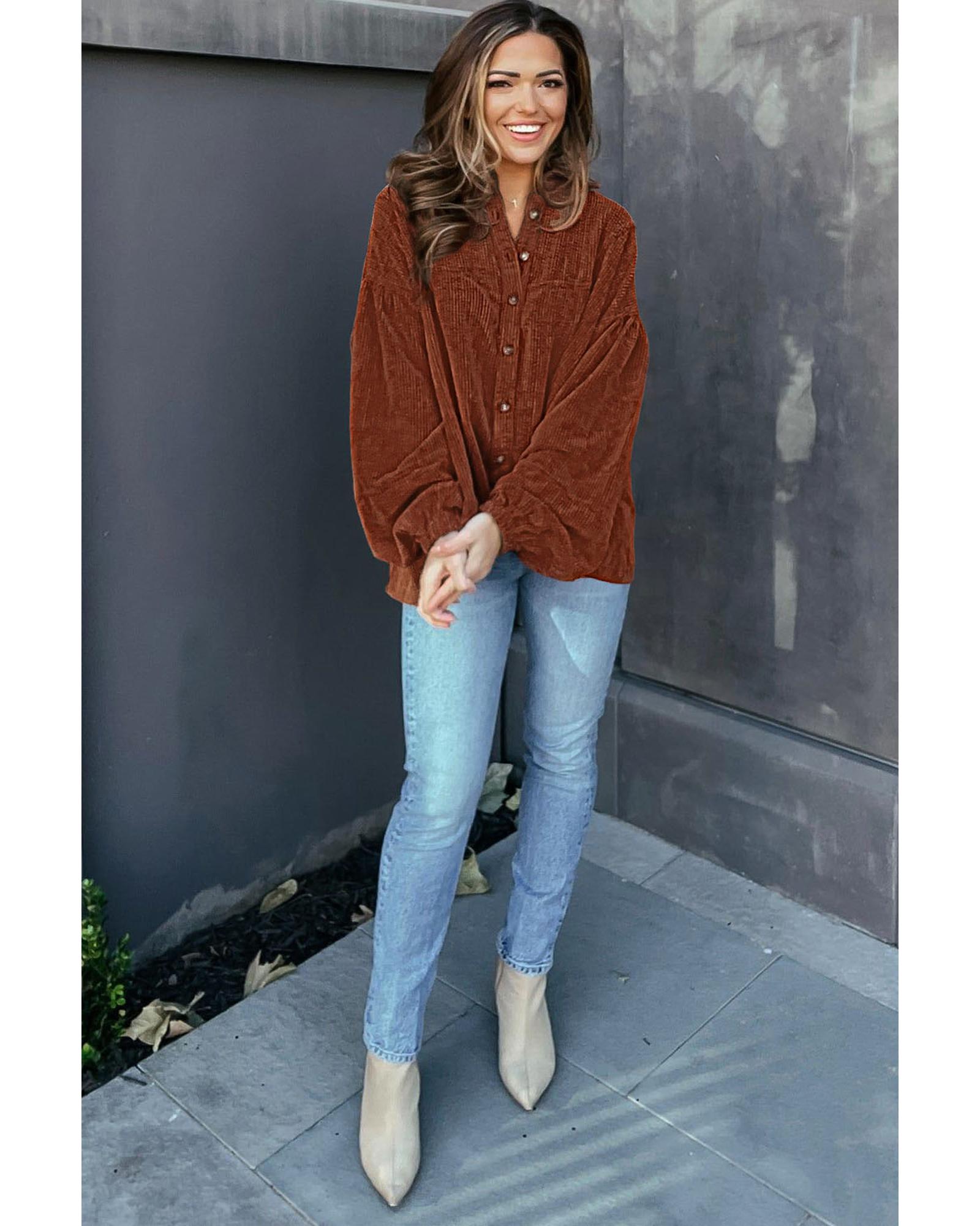 Coffee Textured Corduroy Puff Sleeve Shacket - XL 4