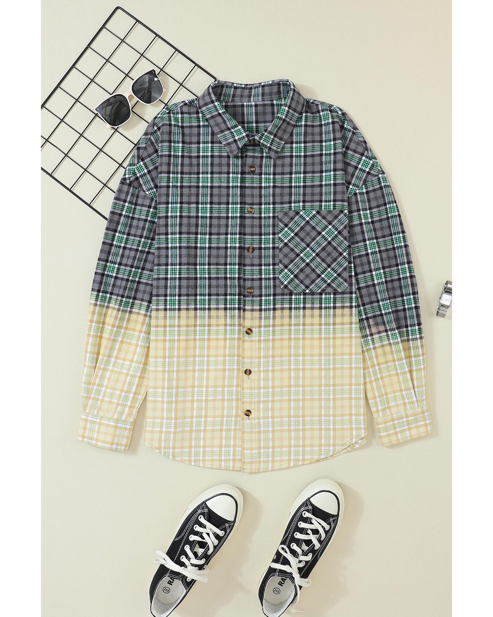 Blackish Green Contrast Plaid Patchwork Chest Pocket Button up Shacket - L 4