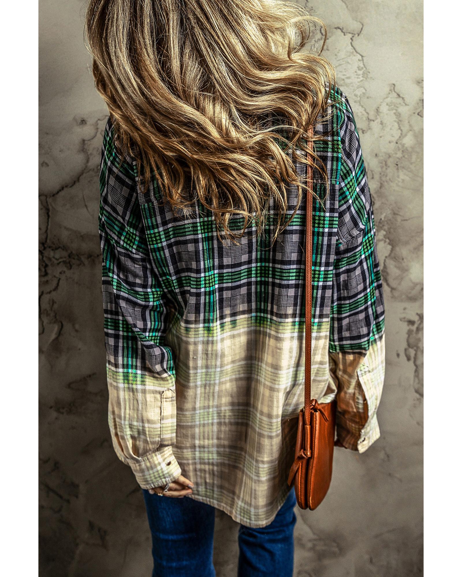 Blackish Green Contrast Plaid Patchwork Chest Pocket Button up Shacket - L 5