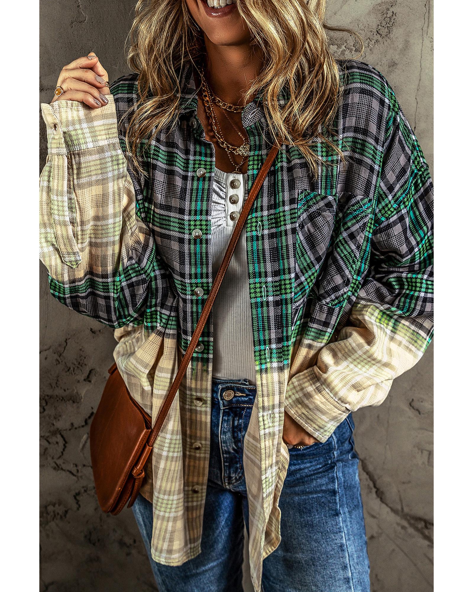 Blackish Green Contrast Plaid Patchwork Chest Pocket Button up Shacket - L 6