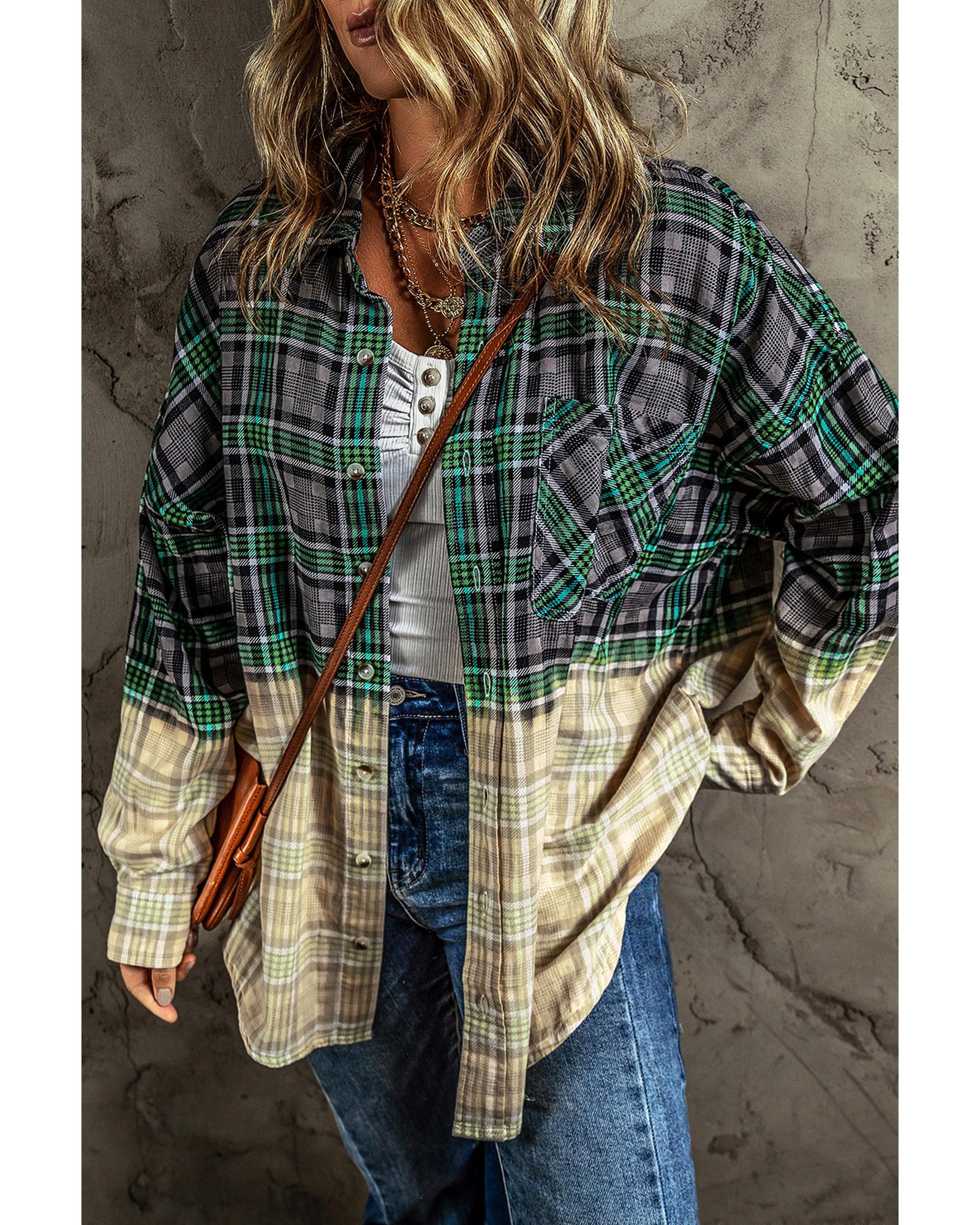 Blackish Green Contrast Plaid Patchwork Chest Pocket Button up Shacket - M 6