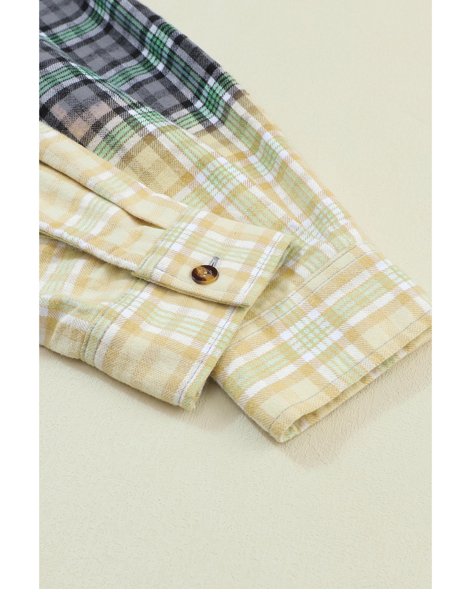 Blackish Green Contrast Plaid Patchwork Chest Pocket Button up Shacket - M 7