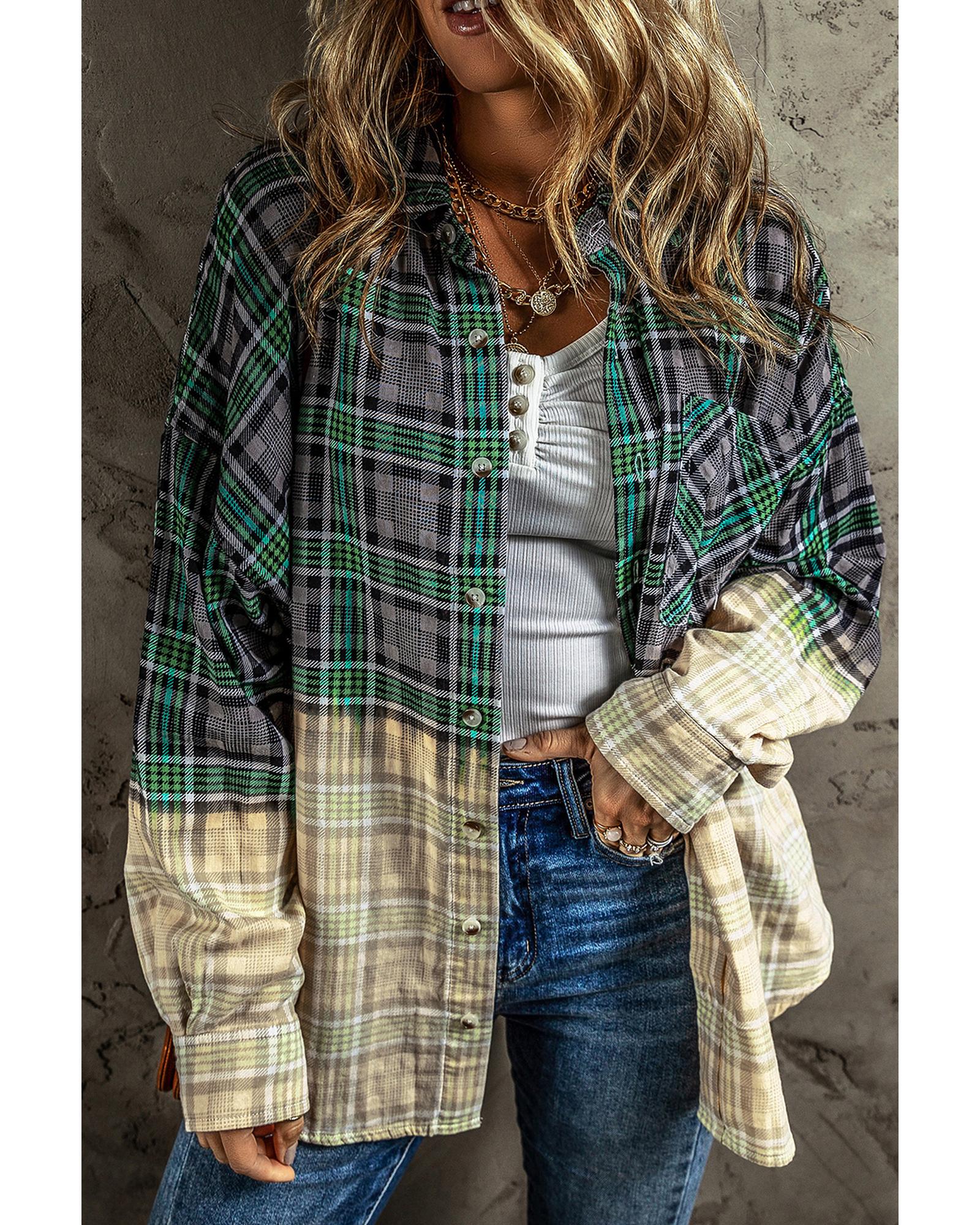 Blackish Green Contrast Plaid Patchwork Chest Pocket Button up Shacket - M 8
