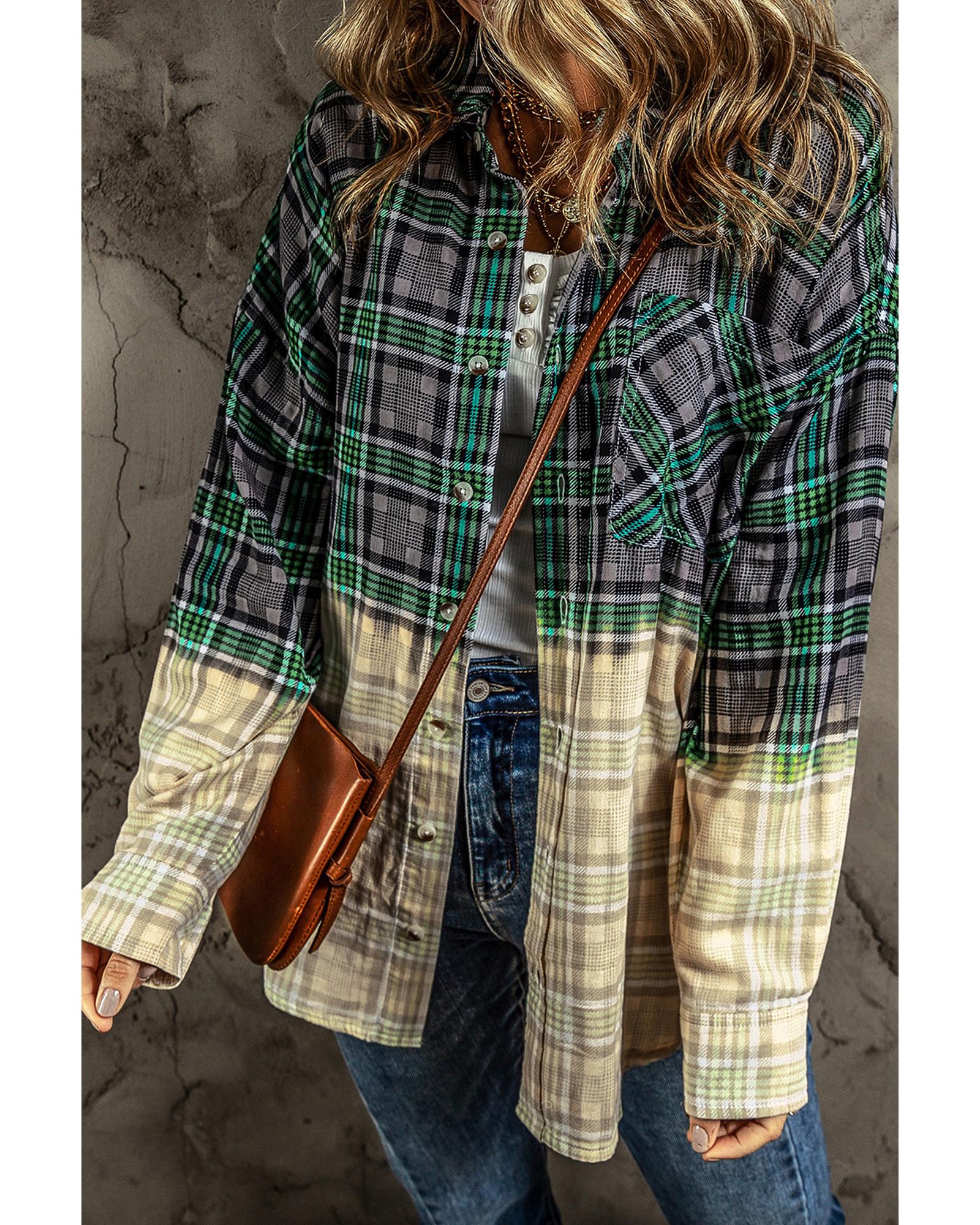 Blackish Green Contrast Plaid Patchwork Chest Pocket Button up Shacket - S 3