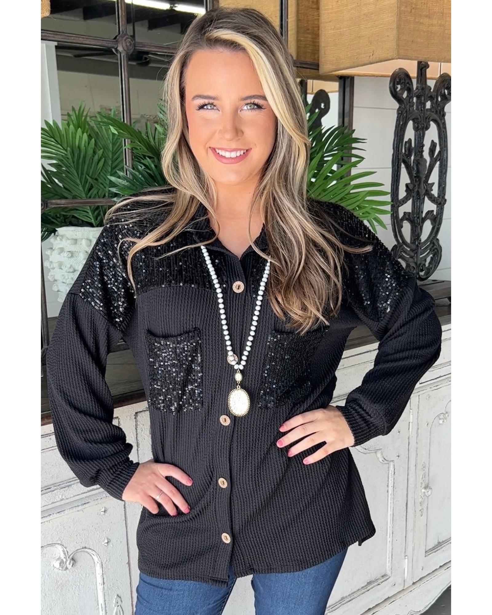 Black Sequin Patch Chest Pocket Corded Shacket - L