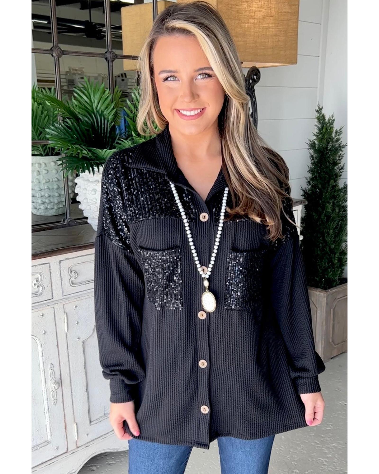 Black Sequin Patch Chest Pocket Corded Shacket - L 5