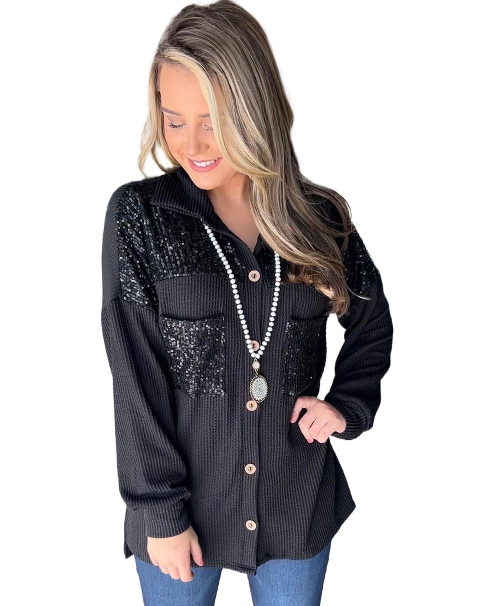 Black Sequin Patch Chest Pocket Corded Shacket - L 6