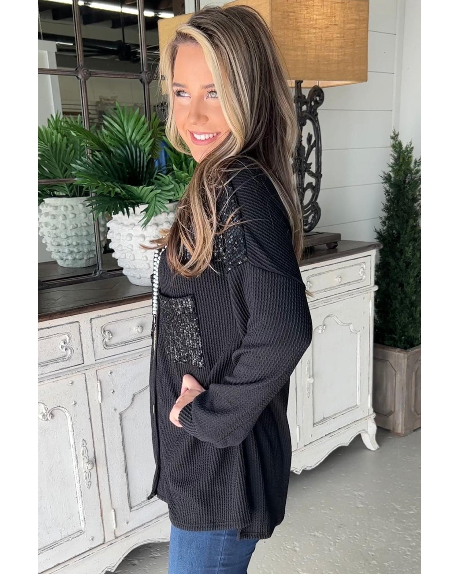 Black Sequin Patch Chest Pocket Corded Shacket - M