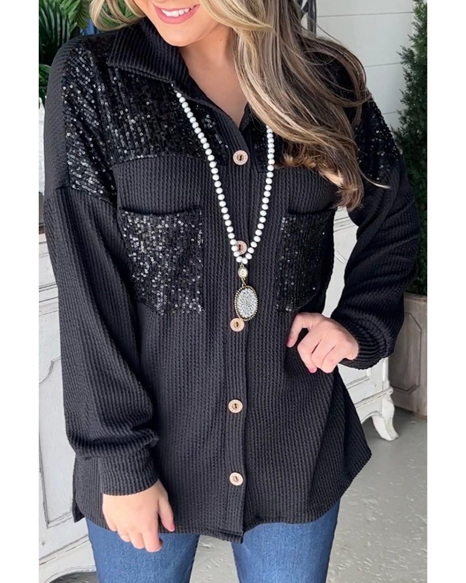 Black Sequin Patch Chest Pocket Corded Shacket - M