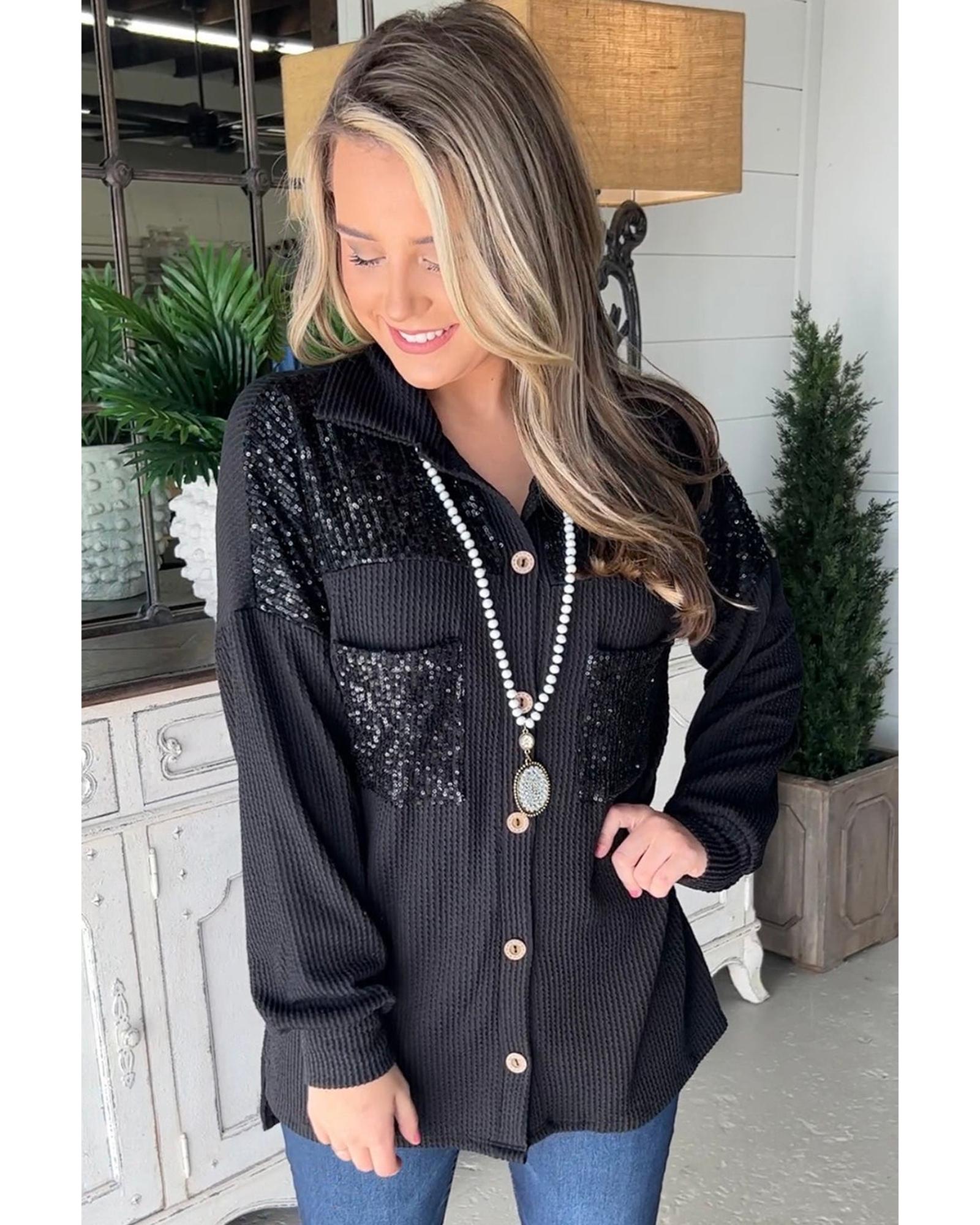 Black Sequin Patch Chest Pocket Corded Shacket - M 4