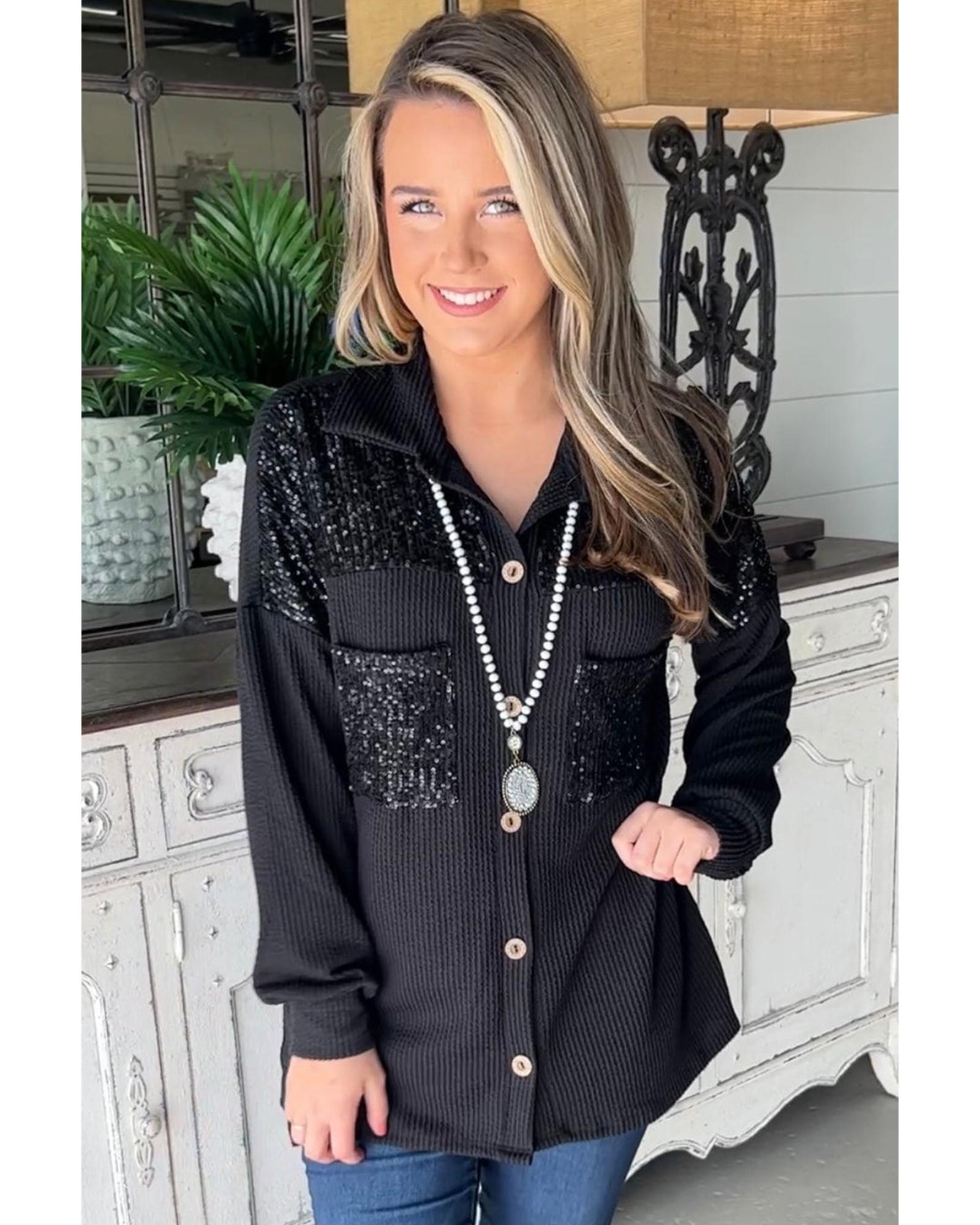 Black Sequin Patch Chest Pocket Corded Shacket - S 4