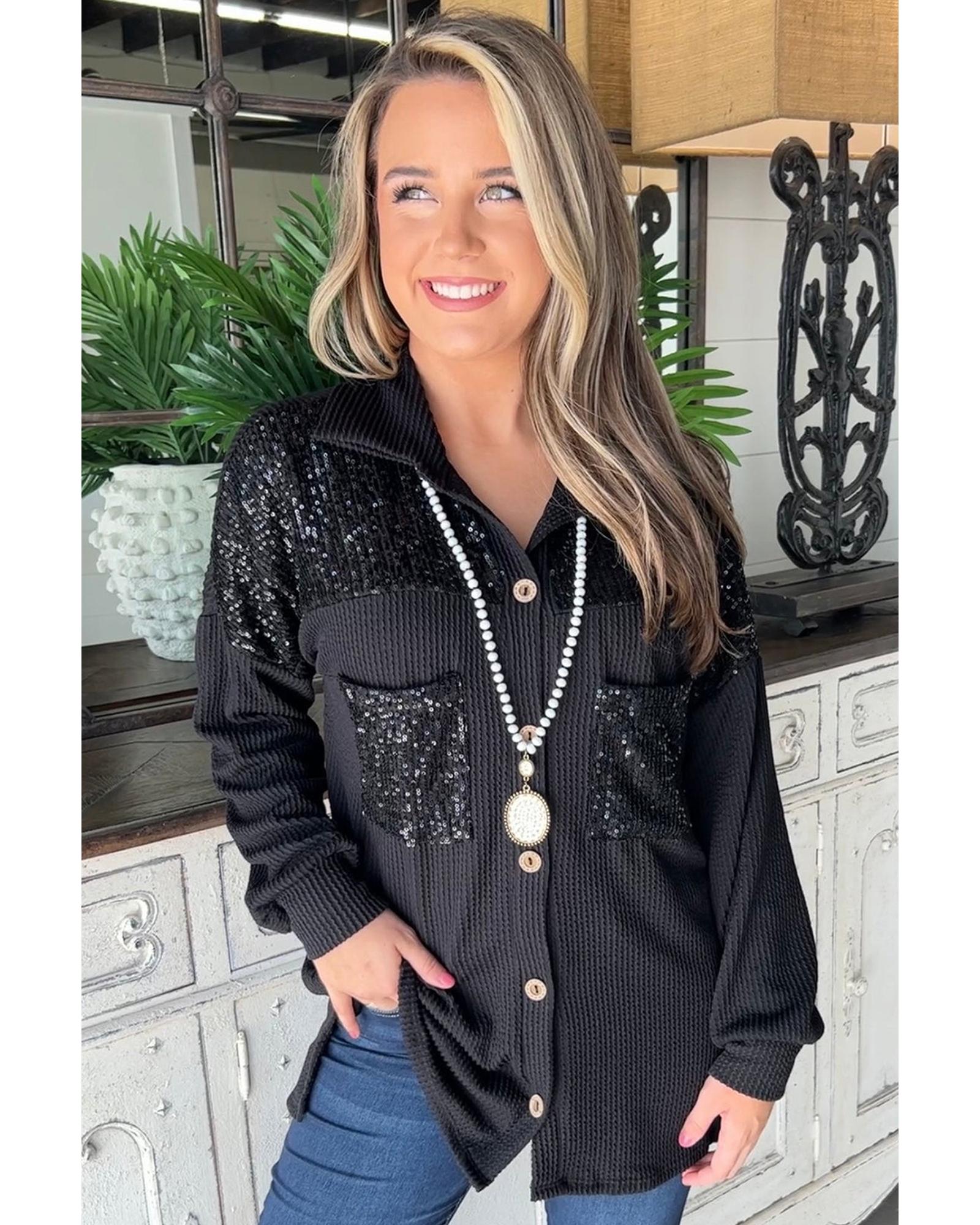 Black Sequin Patch Chest Pocket Corded Shacket - S 8