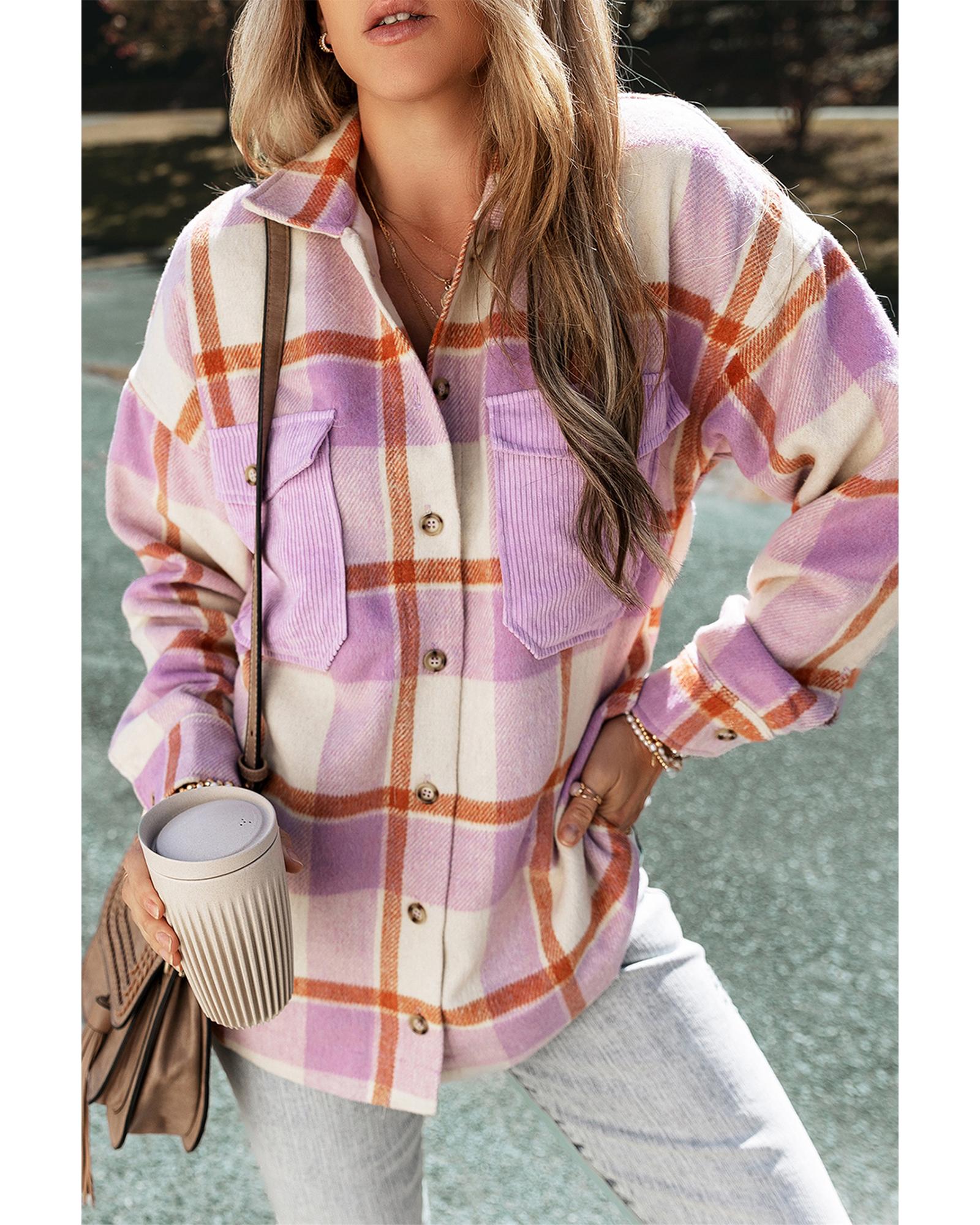 Purple Corduroy Pockets Brushed Checkered Shacket - L