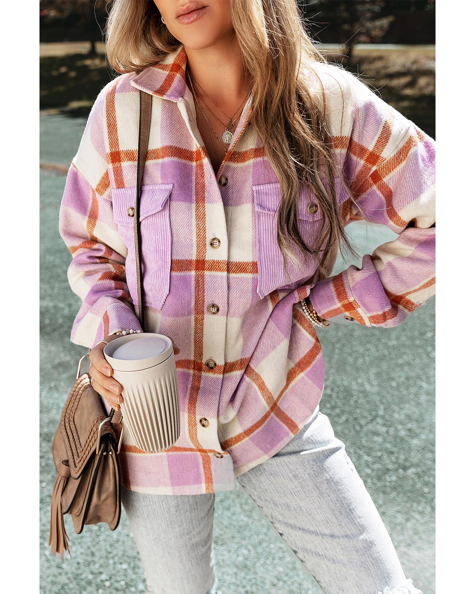 Purple Corduroy Pockets Brushed Checkered Shacket - L