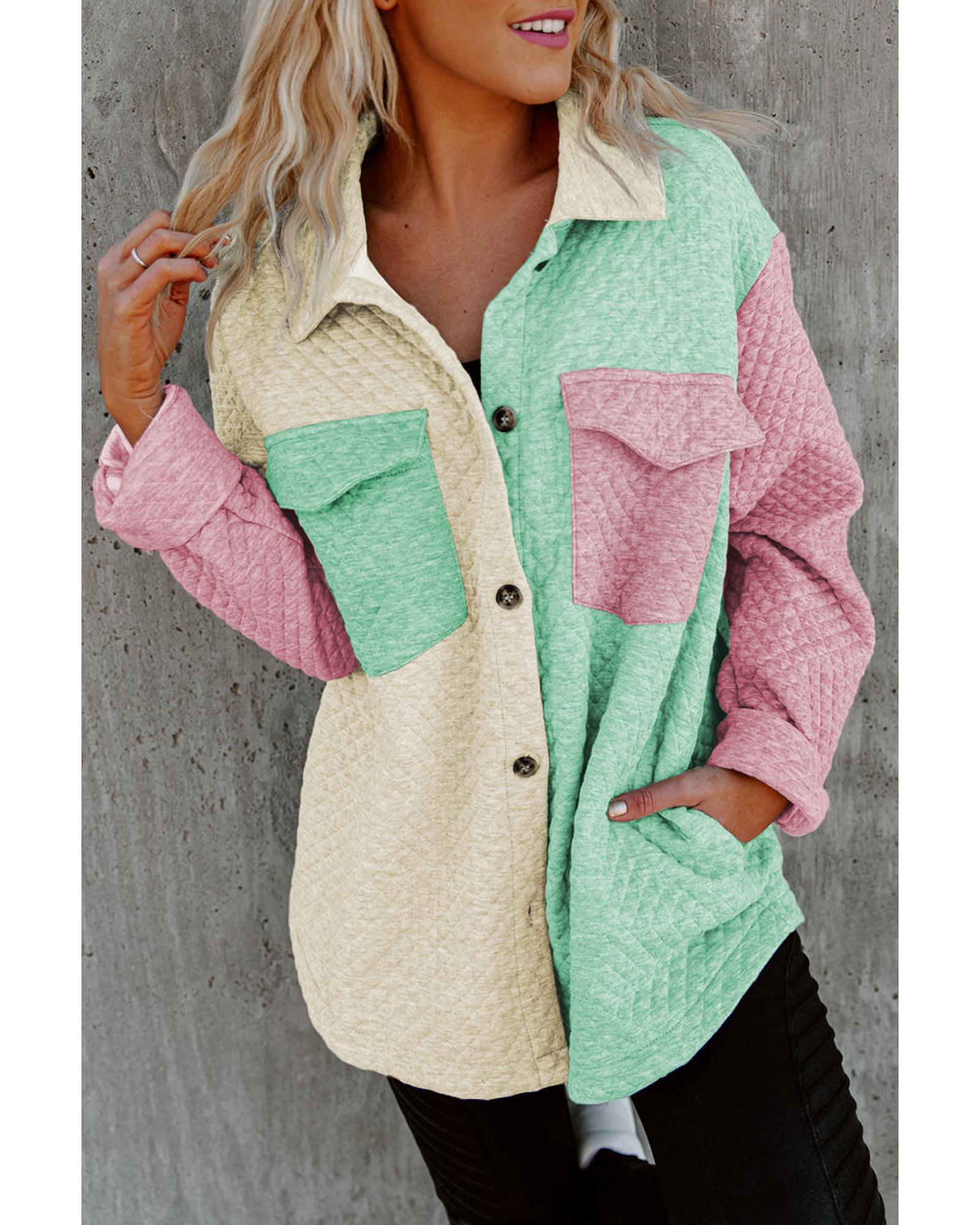 Green Color Block Patchwork Flap Pocket Quilted Shacket - M 3