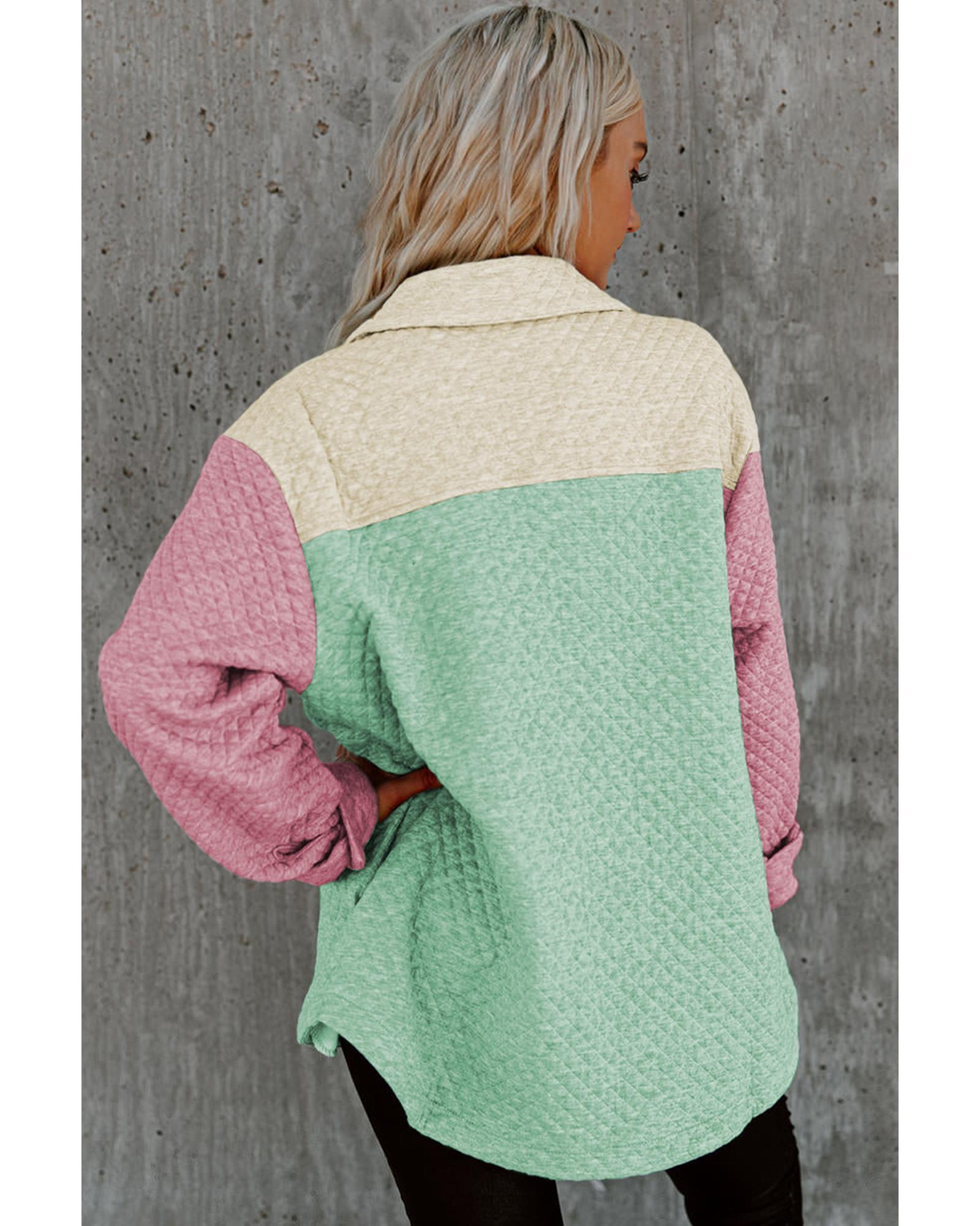 Green Color Block Patchwork Flap Pocket Quilted Shacket - M 4
