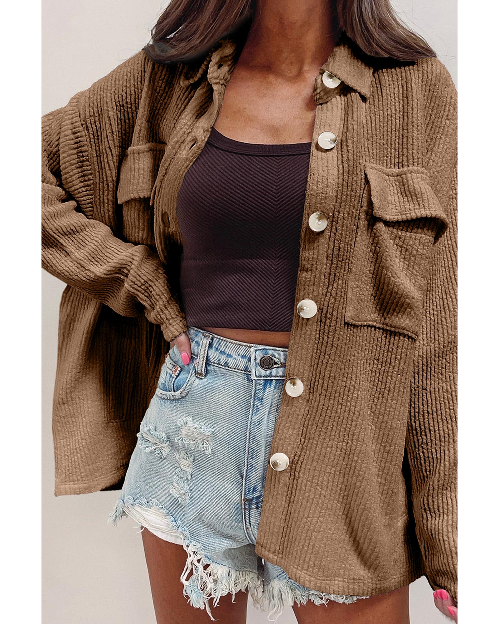 Dark Khaki Solid Color Corduroy Buttoned Long Sleeve Shacket - 2XL 4