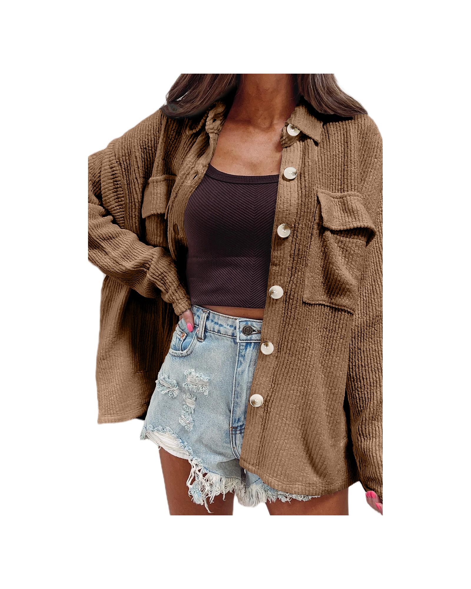 Dark Khaki Solid Color Corduroy Buttoned Long Sleeve Shacket - L 5