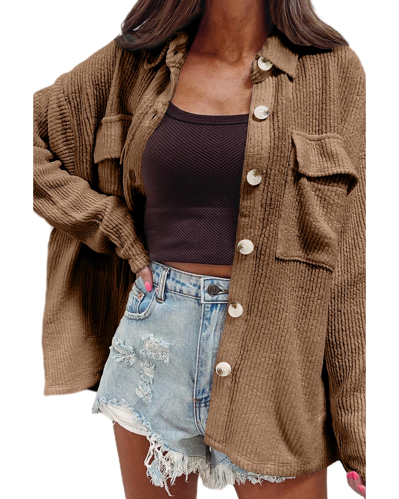 Dark Khaki Solid Color Corduroy Buttoned Long Sleeve Shacket - M