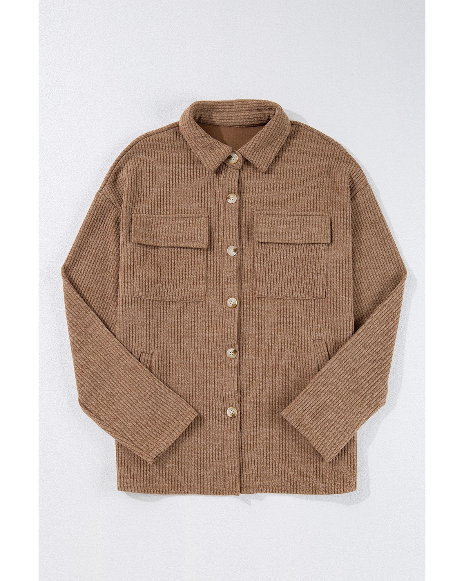 Dark Khaki Solid Color Corduroy Buttoned Long Sleeve Shacket - M 7