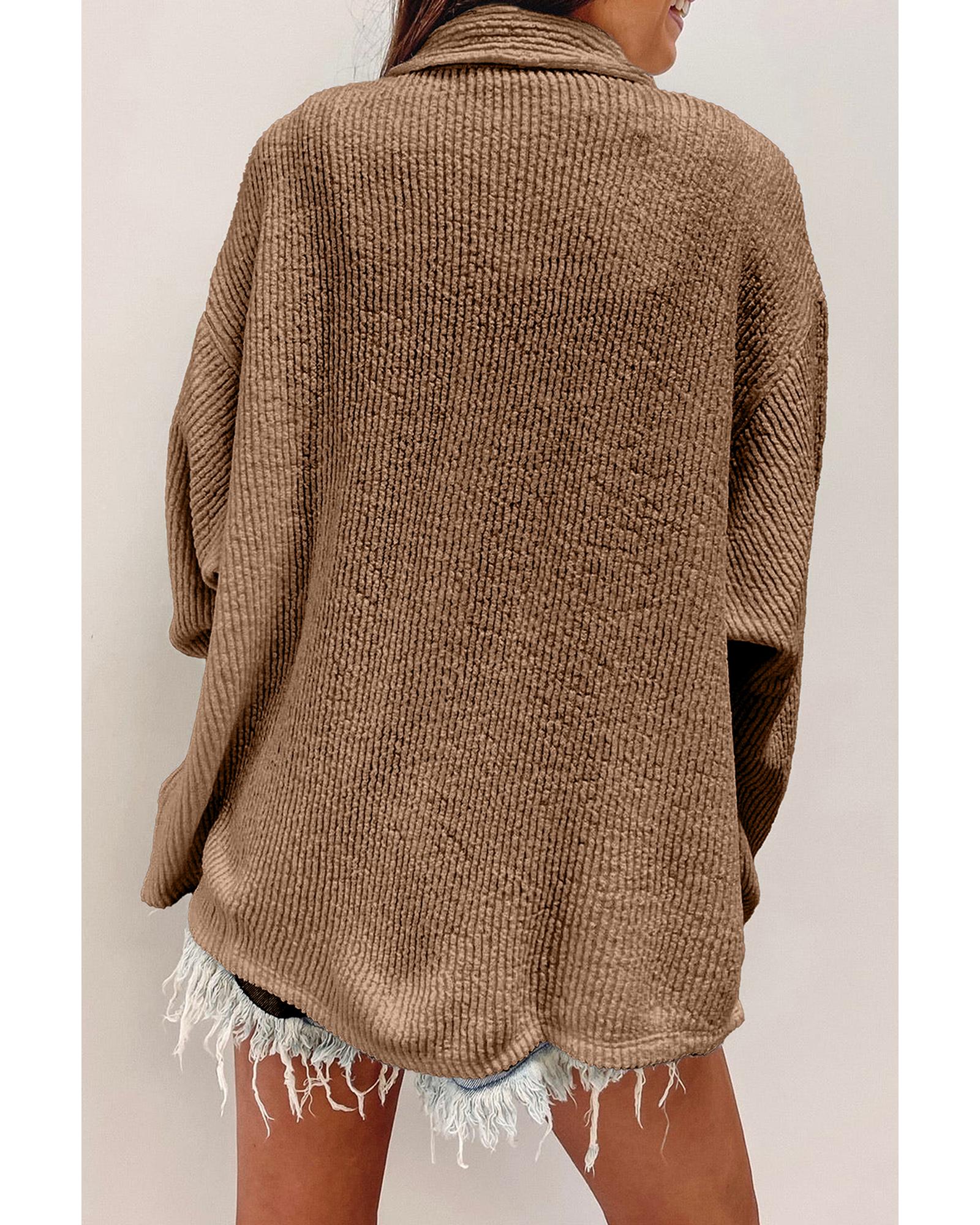 Dark Khaki Solid Color Corduroy Buttoned Long Sleeve Shacket - S 3