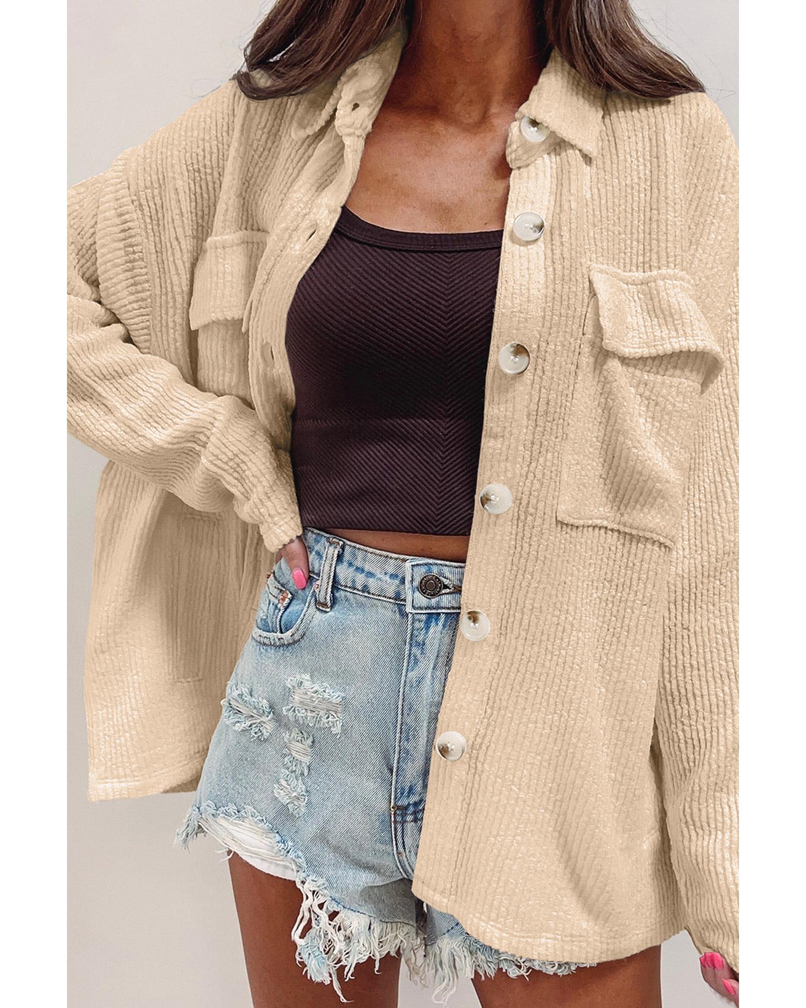Apricot Solid Color Corduroy Buttoned Long Sleeve Shacket - S