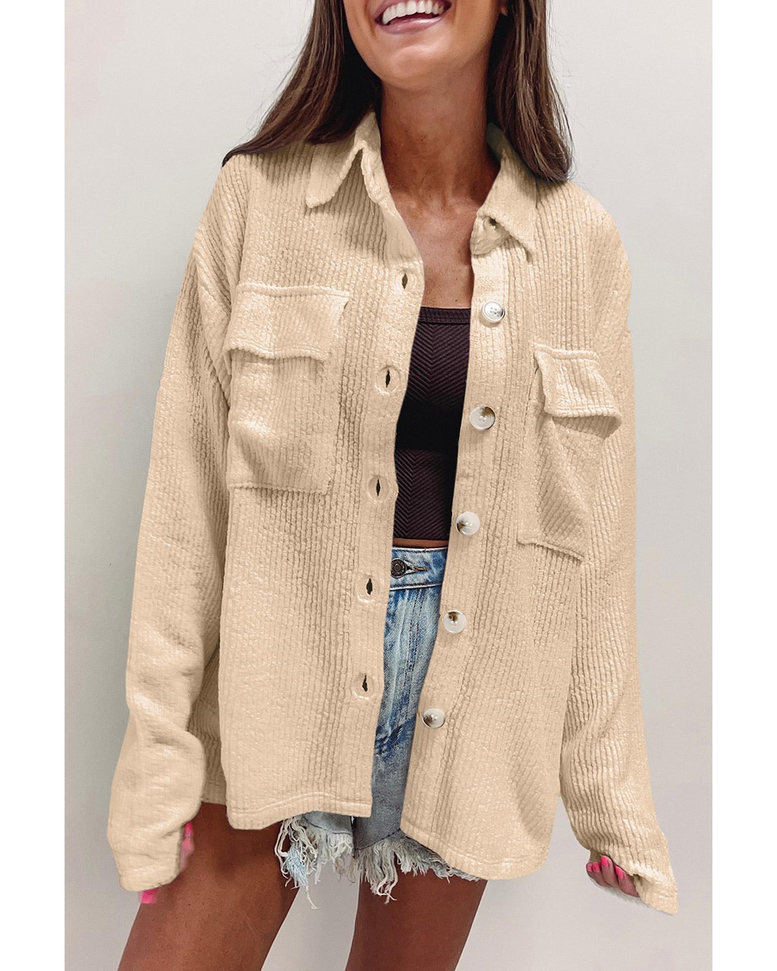 Apricot Solid Color Corduroy Buttoned Long Sleeve Shacket - S 3