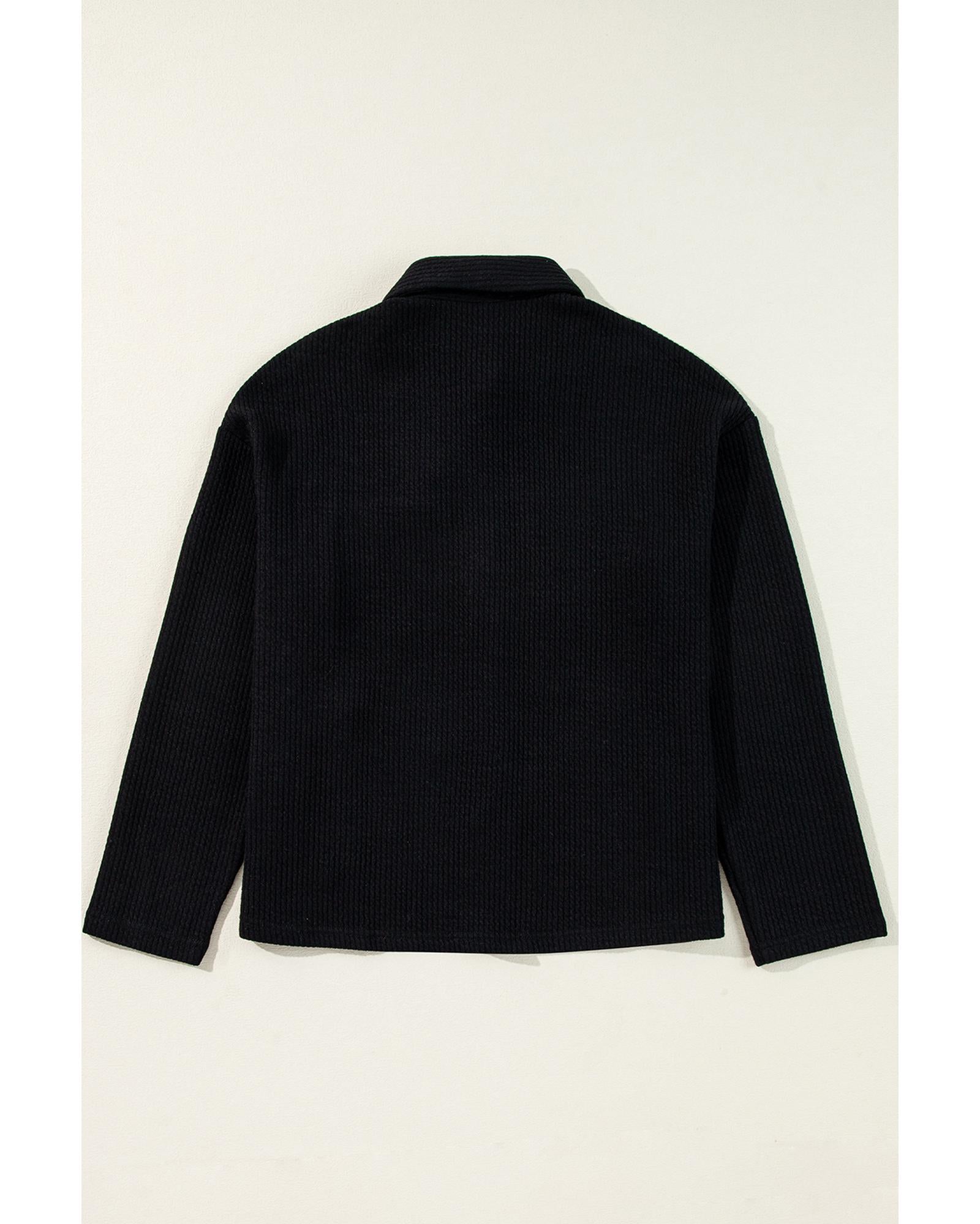Black Solid Color Corduroy Buttoned Long Sleeve Shacket - S 3