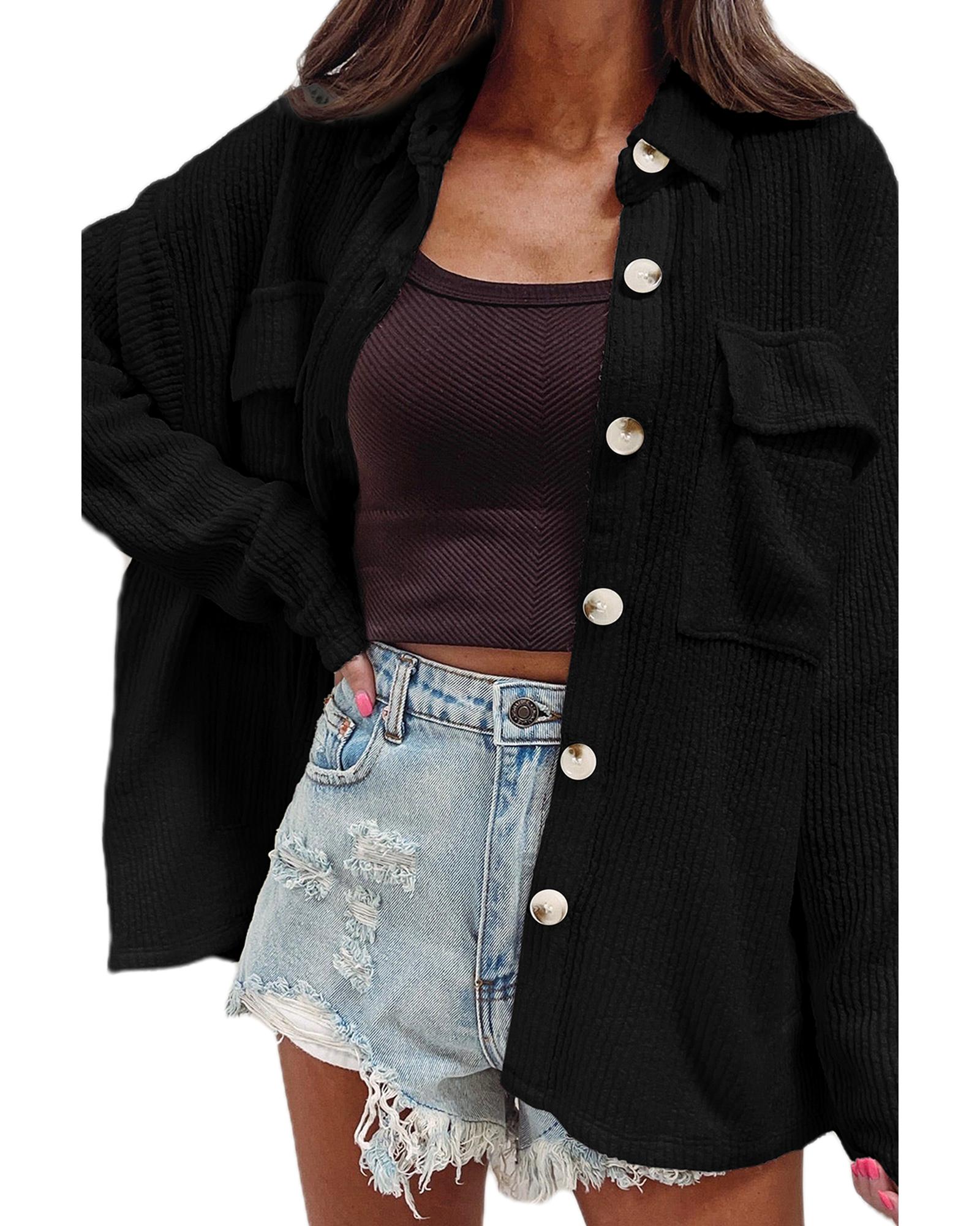 Black Solid Color Corduroy Buttoned Long Sleeve Shacket - XL